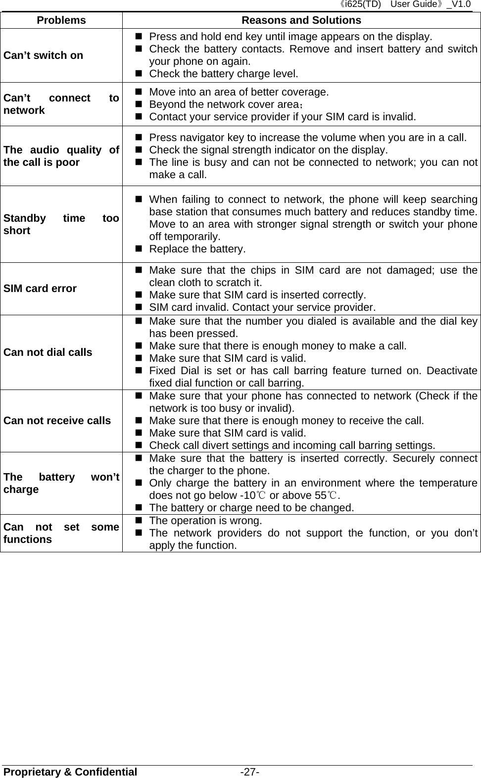 《i625(TD)  User Guide》_V1.0 Proprietary &amp; Confidential                   -27- Problems  Reasons and Solutions Can’t switch on   Press and hold end key until image appears on the display.   Check the battery contacts. Remove and insert battery and switch your phone on again.   Check the battery charge level. Can’t connect to network   Move into an area of better coverage.   Beyond the network cover area；    Contact your service provider if your SIM card is invalid. The audio quality of the call is poor   Press navigator key to increase the volume when you are in a call.   Check the signal strength indicator on the display.   The line is busy and can not be connected to network; you can not make a call.   Standby time too short   When failing to connect to network, the phone will keep searching base station that consumes much battery and reduces standby time. Move to an area with stronger signal strength or switch your phone off temporarily.   Replace the battery. SIM card error  Make sure that the chips in SIM card are not damaged; use the clean cloth to scratch it.   Make sure that SIM card is inserted correctly.   SIM card invalid. Contact your service provider. Can not dial calls   Make sure that the number you dialed is available and the dial key has been pressed.   Make sure that there is enough money to make a call.     Make sure that SIM card is valid.   Fixed Dial is set or has call barring feature turned on. Deactivate fixed dial function or call barring. Can not receive calls   Make sure that your phone has connected to network (Check if the network is too busy or invalid).   Make sure that there is enough money to receive the call.     Make sure that SIM card is valid.   Check call divert settings and incoming call barring settings. The battery won’t charge  Make sure that the battery is inserted correctly. Securely connect the charger to the phone.   Only charge the battery in an environment where the temperature does not go below -10℃ or above 55℃.   The battery or charge need to be changed. Can not set some functions    The operation is wrong.  The network providers do not support the function, or you don’t apply the function.    