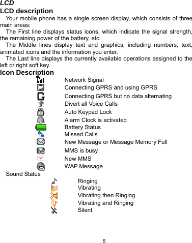   5 LCD LCD description Your mobile phone has a single screen display, which consists of three main areas: The First line displays status icons, which indicate the signal strength, the remaining power of the battery, etc. The Middle lines display text and graphics, including numbers, text, animated icons and the information you enter. The Last line displays the currently available operations assigned to the left or right soft key. Icon Description  Network Signal  Connecting GPRS and using GPRS  Connecting GPRS but no data alternating    Divert all Voice Calls  Auto Keypad Lock  Alarm Clock is activated  Battery Status  Missed Calls  New Message or Message Memory Full  MMS is busy  New MMS  WAP Message Sound Status  Ringing  Vibrating  Vibrating then Ringing  Vibrating and Ringing  Silent 