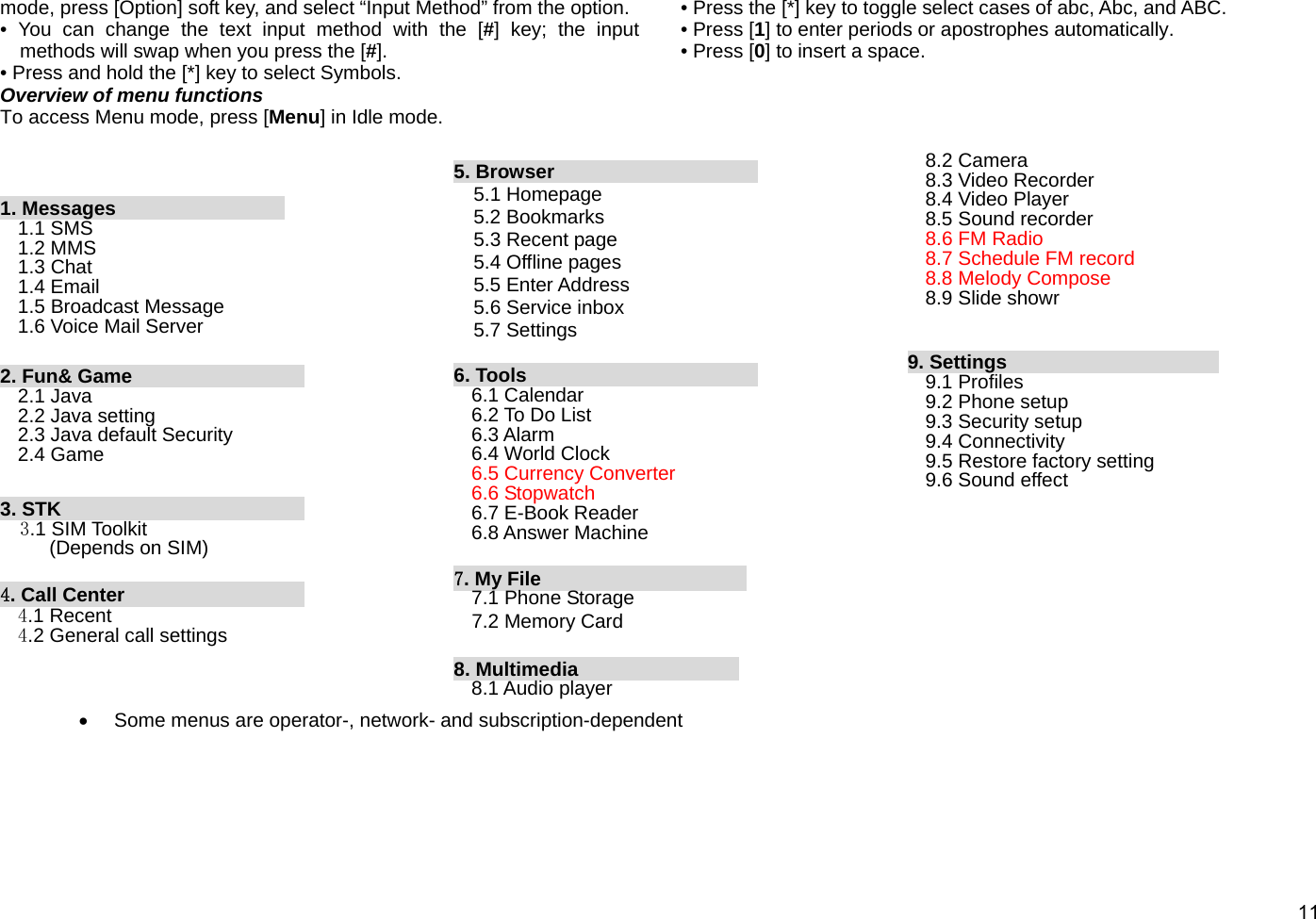  11 mode, press [Option] soft key, and select “Input Method” from the option. • You can change the text input method with the [#] key; the input methods will swap when you press the [#].  • Press and hold the [*] key to select Symbols. • Press the [*] key to toggle select cases of abc, Abc, and ABC.   • Press [1] to enter periods or apostrophes automatically. • Press [0] to insert a space. Overview of menu functions To access Menu mode, press [Menu] in Idle mode.    1. Messages          1.1 SMS     1.2 MMS       1.3 Chat       1.4 Email                  1.5 Broadcast Message     1.6 Voice Mail Server  2. Fun&amp; Game             2.1 Java 2.2 Java setting 2.3 Java default Security 2.4 Game  3. STK                     3.1 SIM Toolkit       (Depends on SIM)  4. Call Center                    4.1 Recent             4.2 General call settings                       5. Browser             5.1 Homepage 5.2 Bookmarks 5.3 Recent page 5.4 Offline pages 5.5 Enter Address 5.6 Service inbox 5.7 Settings  6. Tools              6.1 Calendar       6.2 To Do List 6.3 Alarm             6.4 World Clock 6.5 Currency Converter 6.6 Stopwatch 6.7 E-Book Reader       6.8 Answer Machine  7. My File     7.1 Phone Storage   7.2 Memory Card    8. Multimedia                       8.1 Audio player 8.2 Camera       8.3 Video Recorder     8.4 Video Player       8.5 Sound recorder 8.6 FM Radio       8.7 Schedule FM record 8.8 Melody Compose 8.9 Slide showr      9. Settings     9.1 Profiles   9.2 Phone setup   9.3 Security setup   9.4 Connectivity   9.5 Restore factory setting   9.6 Sound effect            •  Some menus are operator-, network- and subscription-dependent     