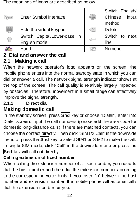 12 The meanings of icons are described as below. 2  Dial and answer the call 2.1  Making a call When the network operator’s logo appears on the screen, the mobile phone enters into the normal standby state in which you can dial or answer a call. The network signal strength indicator shows at the top of the screen. The call quality is relatively largely impacted by obstacles. Therefore, movement in a small range can effectively improve the signal strength. 2.1.1 Direct dial Making domestic call In the standby screen, press Snd key or choose “Dialer”, enter into Dialer screen. Input the call numbers (please add the area code for domestic long-distance calls).If there are matched contacts, you can choose the contact directly. Then click “SIM1/2 Call” in the downside menu or press the Snd key to select SIM1 or SIM2 to make the call. In single SIM mode, click “Call” in the downside menu or press the Snd key will call out directly. Calling extension of fixed number When calling the extension number of a fixed number, you need to dial the host number and then dial the extension number according to the corresponding voice hints. If you insert “p” between the host number and extension number, the mobile phone will automatically dial the extension number for you.  Enter Symbol interface Switch English/ Chinese input method  Hide the virtual keypad  Delete  Switch Capital/Lower-case in English mode Switch to next line  Hand  Numeric 
