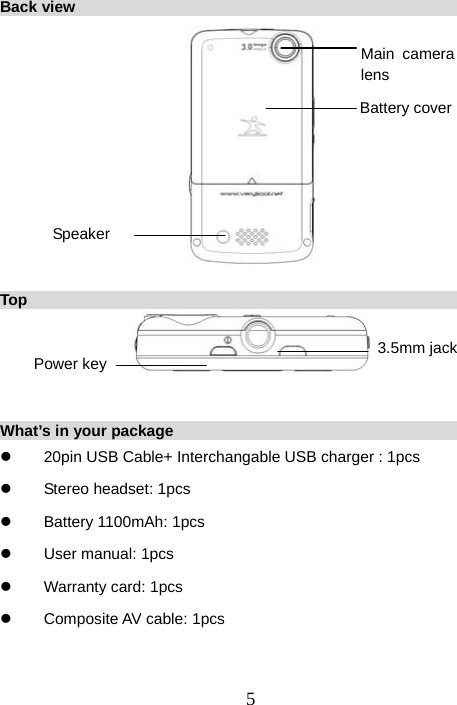  5Back view                                                               Top                                                                  What’s in your package                                                  z  20pin USB Cable+ Interchangable USB charger : 1pcs z  Stereo headset: 1pcs z  Battery 1100mAh: 1pcs z  User manual: 1pcs z Warranty card: 1pcs z Composite AV cable: 1pcs  Speaker Main camera lens Battery cover Power key  3.5mm jack 