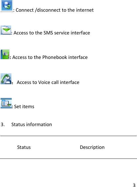 3:Connect/disconnecttotheinternet:AccesstotheSMSserviceinterface:AccesstothePhonebookinterface：AccesstoVoicecallinterface:Setitems3. Statusinformation StatusDescription