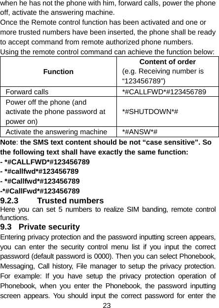 23 when he has not the phone with him, forward calls, power the phone off, activate the answering machine. Once the Remote control function has been activated and one or more trusted numbers have been inserted, the phone shall be ready to accept command from remote authorized phone numbers. Using the remote control command can achieve the function below: Function Content of order (e.g. Receiving number is “123456789”) Forward calls  *#CALLFWD*#123456789 Power off the phone (and activate the phone password at power on) *#SHUTDOWN*# Activate the answering machine  *#ANSW*# Note: the SMS text content should be not “case sensitive”. So the following text shall have exactly the same function:   - *#CALLFWD*#123456789 - *#callfwd*#123456789 - *#Callfwd*#123456789 -*#CallFwd*#123456789 9.2.3 Trusted numbers Here you can set 5 numbers to realize SIM banding, remote control functions. 9.3 Private security Entering privacy protection and the password inputting screen appears, you can enter the security control menu list if you input the correct password (default password is 0000). Then you can select Phonebook, Messaging, Call history, File manager to setup the privacy protection. For example: If you have setup the privacy protection operation of Phonebook, when you enter the Phonebook, the password inputting screen appears. You should input the correct password for enter the 