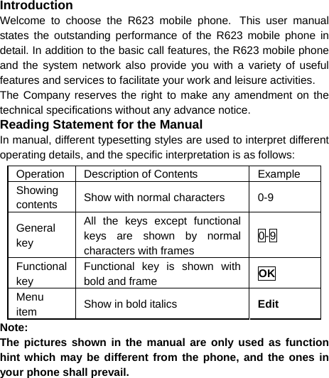  Introduction Welcome to choose the R623 mobile phone. This user manual states the outstanding performance of the R623 mobile phone in detail. In addition to the basic call features, the R623 mobile phone and the system network also provide you with a variety of useful features and services to facilitate your work and leisure activities. The Company reserves the right to make any amendment on the technical specifications without any advance notice. Reading Statement for the Manual In manual, different typesetting styles are used to interpret different operating details, and the specific interpretation is as follows: Operation Description of Contents  Example Showing contents  Show with normal characters  0-9 General key All the keys except functional keys are shown by normal characters with frames 0-9 Functional key Functional key is shown with bold and frame  OK Menu item  Show in bold italics  Edit Note:  The pictures shown in the manual are only used as function hint which may be different from the phone, and the ones in your phone shall prevail. 