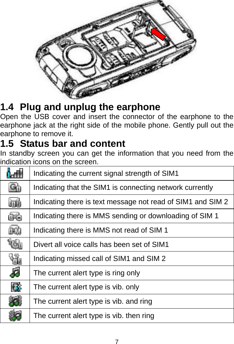 7  1.4  Plug and unplug the earphone Open the USB cover and insert the connector of the earphone to the earphone jack at the right side of the mobile phone. Gently pull out the earphone to remove it. 1.5  Status bar and content In standby screen you can get the information that you need from the indication icons on the screen.  Indicating the current signal strength of SIM1  Indicating that the SIM1 is connecting network currently  Indicating there is text message not read of SIM1 and SIM 2 Indicating there is MMS sending or downloading of SIM 1  Indicating there is MMS not read of SIM 1  Divert all voice calls has been set of SIM1  Indicating missed call of SIM1 and SIM 2  The current alert type is ring only  The current alert type is vib. only  The current alert type is vib. and ring  The current alert type is vib. then ring 