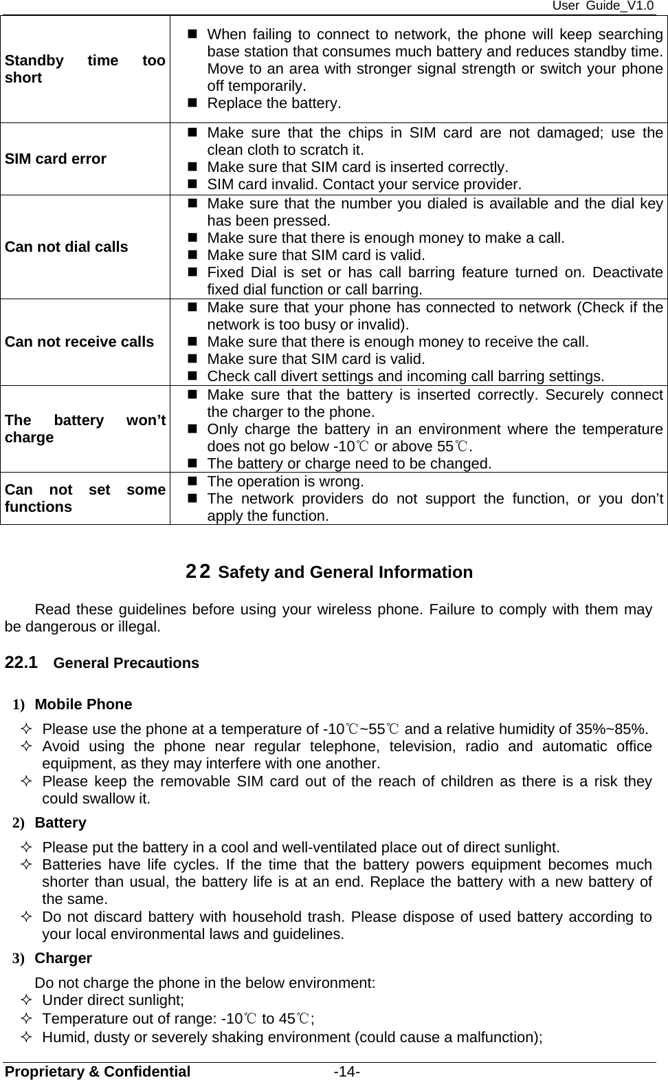 User Guide_V1.0 Proprietary &amp; Confidential                   -14- Standby time too short   When failing to connect to network, the phone will keep searching base station that consumes much battery and reduces standby time. Move to an area with stronger signal strength or switch your phone off temporarily.   Replace the battery. SIM card error  Make sure that the chips in SIM card are not damaged; use the clean cloth to scratch it.   Make sure that SIM card is inserted correctly.   SIM card invalid. Contact your service provider. Can not dial calls   Make sure that the number you dialed is available and the dial key has been pressed.   Make sure that there is enough money to make a call.     Make sure that SIM card is valid.   Fixed Dial is set or has call barring feature turned on. Deactivate fixed dial function or call barring. Can not receive calls   Make sure that your phone has connected to network (Check if the network is too busy or invalid).   Make sure that there is enough money to receive the call.     Make sure that SIM card is valid.   Check call divert settings and incoming call barring settings. The battery won’t charge  Make sure that the battery is inserted correctly. Securely connect the charger to the phone.   Only charge the battery in an environment where the temperature does not go below -10℃ or above 55℃.   The battery or charge need to be changed. Can not set some functions    The operation is wrong.  The network providers do not support the function, or you don’t apply the function.   22 Safety and General Information Read these guidelines before using your wireless phone. Failure to comply with them may be dangerous or illegal. 22.1  General Precautions 1) Mobile Phone   Please use the phone at a temperature of -10℃~55  and a relative humidity of ℃35%~85%.  Avoid using the phone near regular telephone, television, radio and automatic office equipment, as they may interfere with one another.   Please keep the removable SIM card out of the reach of children as there is a risk they could swallow it. 2) Battery   Please put the battery in a cool and well-ventilated place out of direct sunlight.   Batteries have life cycles. If the time that the battery powers equipment becomes much shorter than usual, the battery life is at an end. Replace the battery with a new battery of the same.   Do not discard battery with household trash. Please dispose of used battery according to your local environmental laws and guidelines. 3) Charger Do not charge the phone in the below environment:   Under direct sunlight;     Temperature out of range: -10℃ to 45℃;    Humid, dusty or severely shaking environment (could cause a malfunction);   