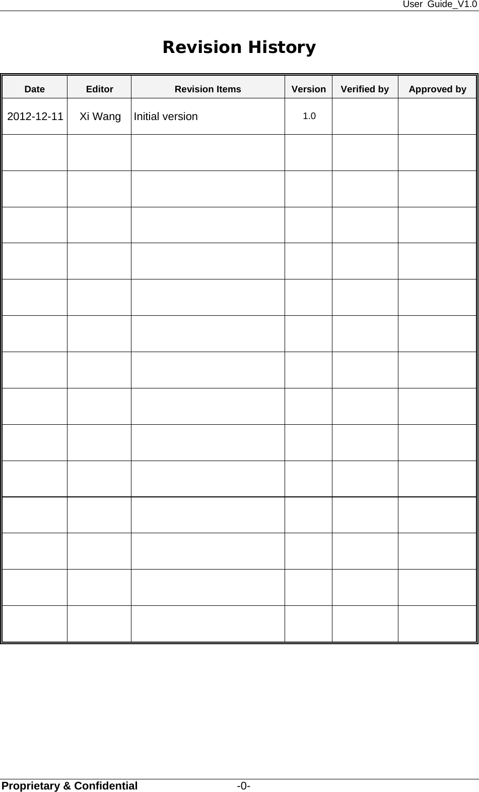 User Guide_V1.0 Proprietary &amp; Confidential                  -0- Revision History Date  Editor  Revision Items  Version Verified by  Approved by 2012-12-11  Xi Wang  Initial version  1.0                                                                                                               