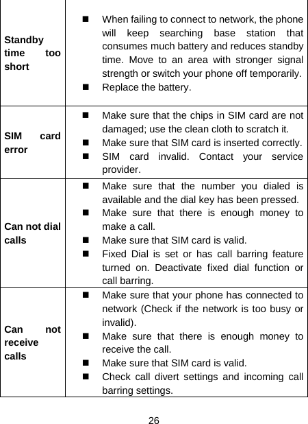  26  Standby time too short   When failing to connect to network, the phone will keep searching base station that consumes much battery and reduces standby time. Move to an area with stronger signal strength or switch your phone off temporarily.  Replace the battery. SIM card error   Make sure that the chips in SIM card are not damaged; use the clean cloth to scratch it.   Make sure that SIM card is inserted correctly.  SIM card invalid. Contact your service provider. Can not dial calls   Make sure that the number you dialed is available and the dial key has been pressed.  Make sure that there is enough money to make a call.     Make sure that SIM card is valid.   Fixed Dial is set or has call barring feature turned on. Deactivate fixed dial function or call barring. Can not receive calls   Make sure that your phone has connected to network (Check if the network is too busy or invalid).   Make sure that there is enough money to receive the call.     Make sure that SIM card is valid.   Check call divert settings and incoming call barring settings. 