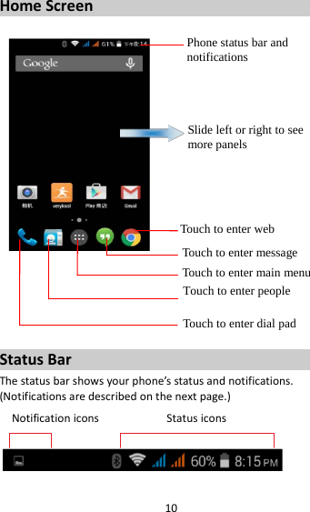 10 Home Screen         Status Bar The status bar shows your phone’s status and notifications. (Notifications are described on the next page.) Notification icons           Status icons    Phone status bar and notifications Slide left or right to see more panels Touch to enter web Touch to enter message Touch to enter main menu Touch to enter people Touch to enter dial pad 