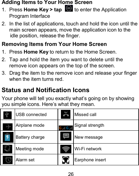 Adding Items to Your Home Screen 1.  Press Home Key &gt; tap    to enter the Application Program Interface 2.  In the list of applications, touch and hold the icon until the main screen appears, move the application icon to the idle position, release the finger. Removing Items from Your Home Screen 1.  Press Home Key to return to the Home Screen. 2.  Tap and hold the item you want to delete until the remove icon appears on the top of the screen. 3.  Drag the item to the remove icon and release your finger when the item turns red.  Status and Notification Icons Your phone will tell you exactly what’s going on by showing you simple icons. Here’s what they mean.   USB connected  Missed call  Airplane mode   Signal strength   Battery charge   New message  Meeting mode  Wi-Fi network  Alarm set  Earphone insert  26 