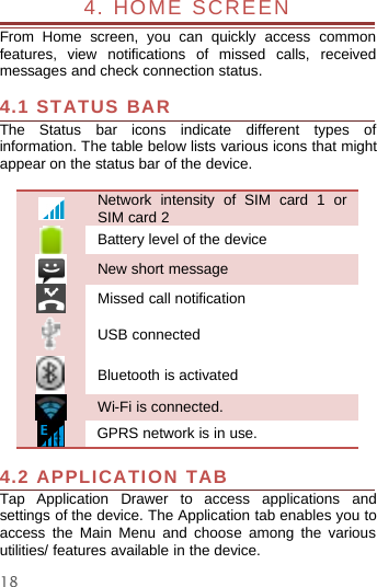 184. HOME SCREENFrom Home screen, you can quickly access commonfeatures, view notifications of missed calls, receivedmessages and check connection status.4.1 STATUS BARThe Status bar icons indicate different types ofinformation. The table below lists various icons that mightappear on the status bar of the device.Network intensity of SIM card 1 orSIM card 2Battery level of the deviceNew short messageMissed call notificationUSB connectedBluetooth is activatedWi-Fi is connected.GPRS network is in use.4.2 APPLICATION TABTap Application Drawer to access applications andsettings of the device. The Application tab enables you toaccess the Main Menu and choose among the variousutilities/ features available in the device.