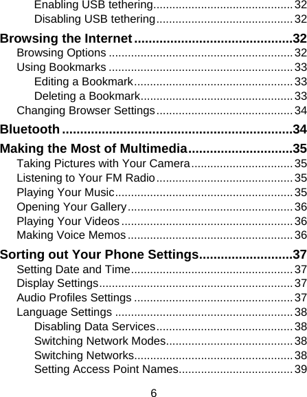 6 Enabling USB tethering ............................................ 32Disabling USB tethering ........................................... 32Browsing the Internet ............................................ 32Browsing Options .......................................................... 32Using Bookmarks .......................................................... 33Editing a Bookmark .................................................. 33Deleting a Bookmark ................................................ 33Changing Browser Settings ........................................... 34Bluetooth ................................................................ 34Making the Most of Multimedia ............................. 35Taking Pictures with Your Camera ................................ 35Listening to Your FM Radio ........................................... 35Playing Your Music ........................................................ 35Opening Your Gallery .................................................... 36Playing Your Videos ...................................................... 36Making Voice Memos .................................................... 36Sorting out Your Phone Settings .......................... 37Setting Date and Time ................................................... 37Display Settings ............................................................. 37Audio Profiles Settings .................................................. 37Language Settings ........................................................ 38Disabling Data Services ........................................... 38Switching Network Modes ........................................ 38Switching Networks .................................................. 38Setting Access Point Names .................................... 39