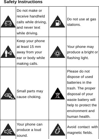  Safety Instructions  Do not make or receive handheld calls while driving, and never text while driving. Do not use at gas stations.  Keep your phone at least 15 mm away from your ear or body while making calls. Your phone may produce a bright orflashing light.  Small parts may cause choking. Please do not dispose of used batteries in the trash. The proper disposal of your waste battery will help to protect the environment and human health.  Your phone can produce a loud sound. Avoid contact with magnetic fields.     