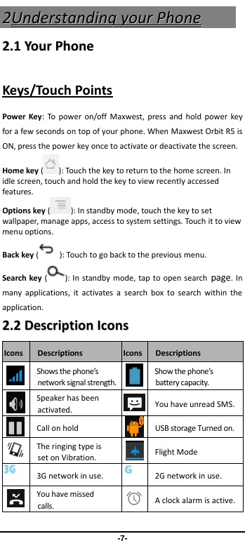                               -7- 22UUnnddeerrssttaannddiinngg  yyoouurr  PPhhoonnee  22..11  YYoouurr  PPhhoonnee    Keys/Touch Points Power Key: To  power on/off Maxwest,  press and hold power key for a few seconds on top of your phone. When Maxwest Orbit R5 is ON, press the power key once to activate or deactivate the screen.   Home key ( ): Touch the key to return to the home screen. In idle screen, touch and hold the key to view recently accessed features. Options key ( ): In standby mode, touch the key to set wallpaper, manage apps, access to system settings. Touch it to view menu options. Back key ( ): Touch to go back to the previous menu. Search key ( ): In standby mode, tap to open search page. In many  applications,  it  activates  a  search  box to  search  within  the application.   22..22  DDeessccrriippttiioonn  IIccoonnss  Icons Descriptions Icons Descriptions  Shows the phone’s network signal strength.  Show the phone’s battery capacity.  Speaker has been activated.  You have unread SMS.  Call on hold  USB storage Turned on.  The ringing type is set on Vibration.    Flight Mode  3G network in use.  2G network in use.  You have missed calls.  A clock alarm is active. 