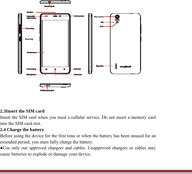   2.3Insert the SIM card   Insert the SIM card when you need a cellular service. Do not insert a memory card into the SIM card slot. 2.4 Charge the battery   Before using the device for the first time or when the battery has been unused for anextended period, you must fully charge the battery.   ●Use only our approved chargers and cables. Unapproved chargers or cables may cause batteries to explode or damage your device. 