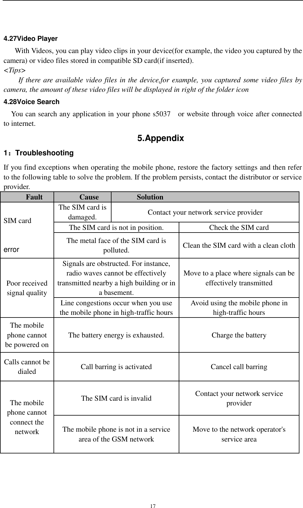    17 4.27Video Player With Videos, you can play video clips in your device(for example, the video you captured by the camera) or video files stored in compatible SD card(if inserted). &lt;Tips&gt; If there are available video files in the device,for example, you captured some video files by camera, the amount of these video files will be displayed in right of the folder icon 4.28Voice Search You can search any application in your phone s5037    or website through voice after connected to internet. 5.Appendix 1：Troubleshooting If you find exceptions when operating the mobile phone, restore the factory settings and then refer to the following table to solve the problem. If the problem persists, contact the distributor or service provider. Fault Cause Solution  SIM card   error The SIM card is damaged. Contact your network service provider The SIM card is not in position. Check the SIM card The metal face of the SIM card is polluted. Clean the SIM card with a clean cloth Poor received signal quality Signals are obstructed. For instance, radio waves cannot be effectively transmitted nearby a high building or in a basement. Move to a place where signals can be effectively transmitted Line congestions occur when you use the mobile phone in high-traffic hours Avoid using the mobile phone in high-traffic hours The mobile phone cannot be powered on The battery energy is exhausted. Charge the battery Calls cannot be dialed Call barring is activated Cancel call barring The mobile phone cannot connect the network The SIM card is invalid Contact your network service provider The mobile phone is not in a service area of the GSM network Move to the network operator&apos;s service area 