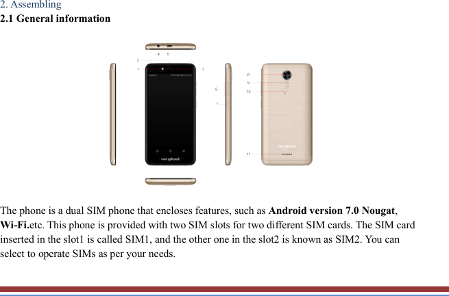   2. Assembling   2.1 General information    The phone is a dual SIM phone that encloses features, such as Android version 7.0 Nougat, Wi-Fi.etc. This phone is provided with two SIM slots for two different SIM cards. The SIM card inserted in the slot1 is called SIM1, and the other one in the slot2 is known as SIM2. You can select to operate SIMs as per your needs.  