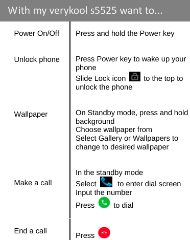    Power On/Off   Unlock phone        Wallpaper        Make a call  Press and hold the Power key   Press Power key to wake up your phone Slide Lock icon    to the top to unlock the phone   On Standby mode, press and hold background Choose wallpaper from Select Gallery or Wallpapers to change to desired wallpaper   In the standby mode Select  to enter dial screen Input the number Press   to dial   End a call   Press   Withmyverykools5525 wantto...