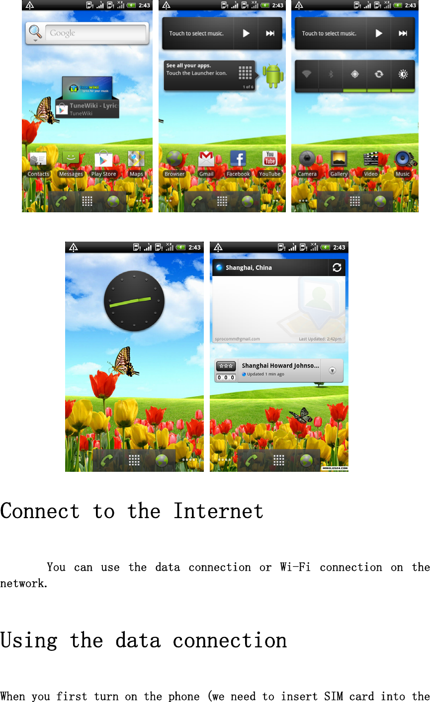               Connect to the Internet You  can  use  the  data  connection  or  Wi-Fi  connection  on  the network.  Using the data connection   When you first turn on the phone (we need to insert SIM card into the 