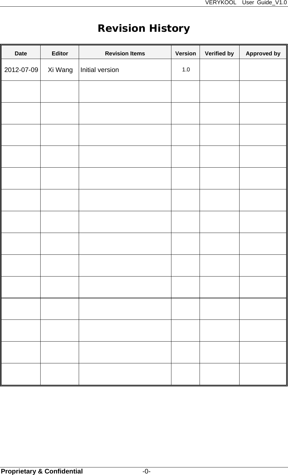 VERYKOOL  User Guide_V1.0 Proprietary &amp; Confidential                  -0- Revision History Date  Editor  Revision Items  Version Verified by  Approved by 2012-07-09  Xi Wang  Initial version  1.0                                                                                                               