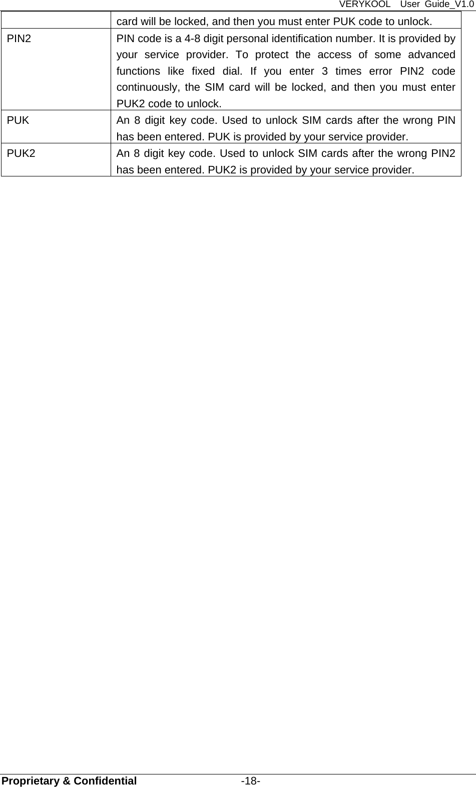 VERYKOOL  User Guide_V1.0 Proprietary &amp; Confidential                   -18- card will be locked, and then you must enter PUK code to unlock.    PIN2  PIN code is a 4-8 digit personal identification number. It is provided by your service provider. To protect the access of some advanced functions like fixed dial. If you enter 3 times error PIN2 code continuously, the SIM card will be locked, and then you must enter PUK2 code to unlock. PUK  An 8 digit key code. Used to unlock SIM cards after the wrong PIN has been entered. PUK is provided by your service provider.   PUK2  An 8 digit key code. Used to unlock SIM cards after the wrong PIN2 has been entered. PUK2 is provided by your service provider.  