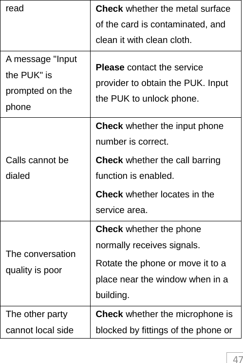 47read  Check whether the metal surface of the card is contaminated, and clean it with clean cloth. A message &quot;Input the PUK&quot; is prompted on the phone Please contact the service provider to obtain the PUK. Input the PUK to unlock phone. Calls cannot be dialed Check whether the input phone number is correct. Check whether the call barring function is enabled. Check whether locates in the service area. The conversation quality is poor Check whether the phone normally receives signals. Rotate the phone or move it to a place near the window when in a building. The other party cannot local side Check whether the microphone is blocked by fittings of the phone or 