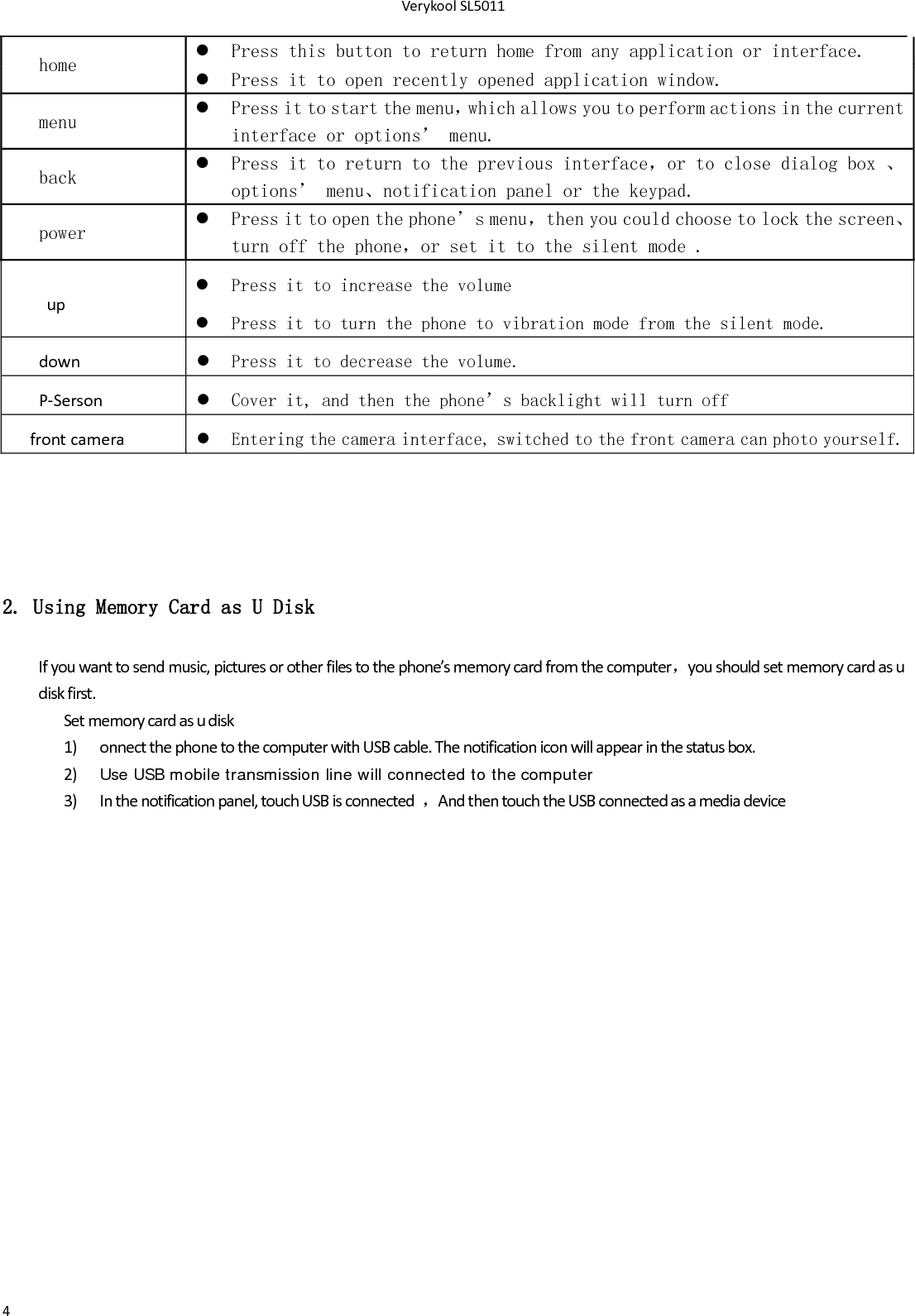 VerykoolSL50114home   Press this button to return home from any application or interface.  Press it to open recently opened application window. menu   Press it to start the menu，which allows you to perform actions in the current interface or options’ menu. back   Press it to return to the previous interface，or to close dialog box 、options’ menu、notification panel or the keypad. power   Press it to open the phone’s menu，then you could choose to lock the screen、turn off the phone，or set it to the silent mode . up Press it to increase the volume  Press it to turn the phone to vibration mode from the silent mode.down Press it to decrease the volume.P‐Serson Cover it, and then the phone’s backlight will turn off frontcamera Entering the camera interface, switched to the front camera can photo yourself.2. Using Memory Card as U Disk Ifyouwanttosendmusic,picturesorotherfilestothephone’smemorycardfromthecomputer，youshouldsetmemorycardasudiskfirst.Setmemorycardasudisk1) onnectthephonetothecomputerwithUSBcable.Thenotificationiconwillappearinthestatusbox.2) Use USB mobile transmission line will connected to the computer3) Inthenotificationpanel,touchUSBisconnected，AndthentouchtheUSBconnectedasamediadevice