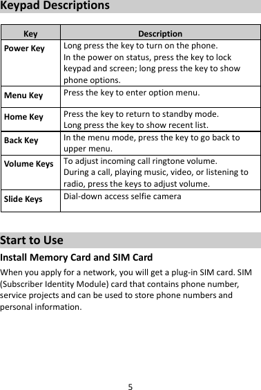 5KeypadDescriptionsKeyDescriptionPowerKeyLongpressthekeytoturnonthephone.Inthepoweronstatus,pressthekeytolockkeypadandscreen;longpressthekeytoshowphoneoptions.MenuKeyPressthekeytoenteroptionmenu.HomeKeyPressthekeytoreturntostandbymode.Longpressthekeytoshowrecentlist.BackKeyInthemenumode,pressthekeytogobacktouppermenu.VolumeKeysToadjustincomingcallringtonevolume.Duringacall,playingmusic,video,orlisteningtoradio,pressthekeystoadjustvolume.SlideKeysDial‐downaccessselfiecameraStarttoUseInstallMemoryCardandSIMCardWhenyouapplyforanetwork,youwillgetaplug‐inSIMcard.SIM(SubscriberIdentityModule)cardthatcontainsphonenumber,serviceprojectsandcanbeusedtostorephonenumbersandpersonalinformation.