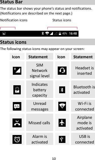 10 Status Bar The status bar shows your phone’s status and notifications. (Notifications are described on the next page.) Notification icons                          Status icons   Status icons The following status icons may appear on your screen: Icon  Statement  Icon  Statement  SIM Network signal level  Headset is inserted  Indicates battery capacity   Bluetooth is activated    Unread messages  Wi-Fi is connected  Missed calls  Airplane mode is activated  Alarm is activated   USB is connected  