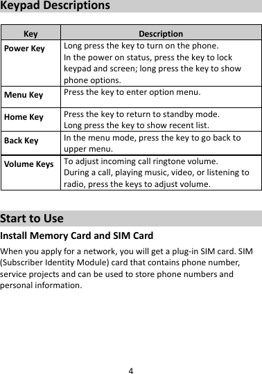 4 KeypadDescriptionsKeyDescriptionPowerKeyLongpressthekeytoturnonthephone.Inthepoweronstatus,pressthekeytolockkeypadandscreen;longpressthekeytoshowphoneoptions.MenuKeyPressthekeytoenteroptionmenu.HomeKeyPressthekeytoreturntostandbymode.Longpressthekeytoshowrecentlist.BackKeyInthemenumode,pressthekeytogobacktouppermenu.VolumeKeysToadjustincomingcallringtonevolume.Duringacall,playingmusic,video,orlisteningtoradio,pressthekeystoadjustvolume.StarttoUseInstallMemoryCardandSIMCardWhenyouapplyforanetwork,youwillgetaplug‐inSIMcard.SIM(SubscriberIdentityModule)cardthatcontainsphonenumber,serviceprojectsandcanbeusedtostorephonenumbersandpersonalinformation.