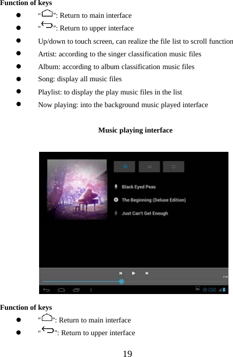 19Function of keysz&apos;&apos; &apos;&apos;: Return to main interfacez&apos;&apos; &apos;&apos;: Return to upper interfacezUp/down to touch screen, can realize the file list to scroll functionzArtist: according to the singer classification music fileszAlbum: according to album classification music fileszSong:displayallmusicfileszPlaylist: to display the play music files in the listzNow playing: into the background music played interfaceMusic playing interfaceFunction of keysz&apos;&apos; &apos;&apos;: Return to main interfacez&apos;&apos; &apos;&apos;: Return to upper interface