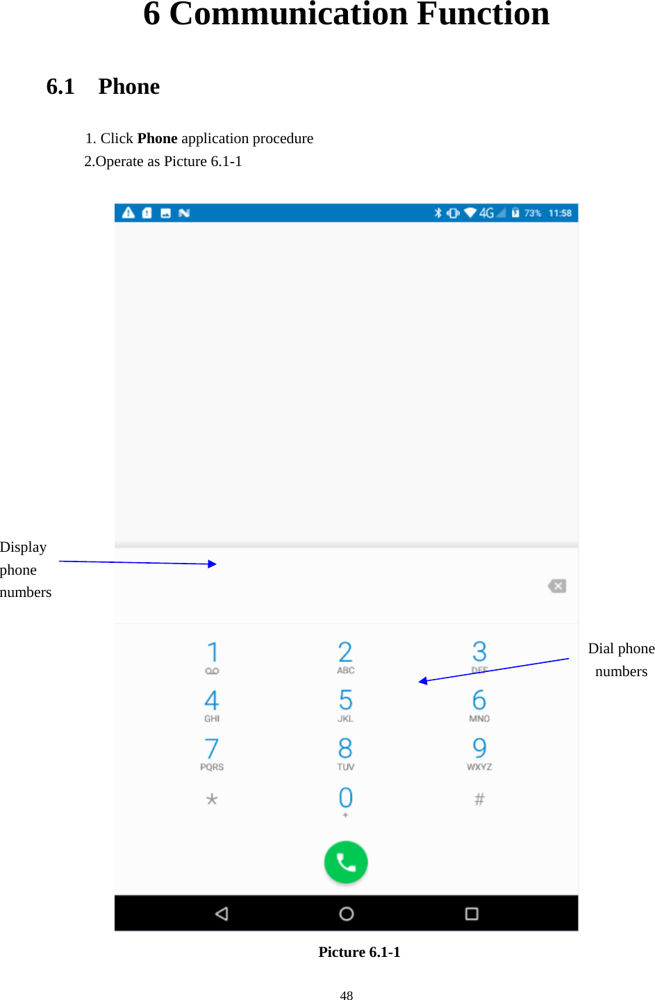     486 Communication Function 6.1  Phone 1. Click Phone application procedure 2.Operate as Picture 6.1-1   Picture 6.1-1 Display phone numbers Dial phone numbers 