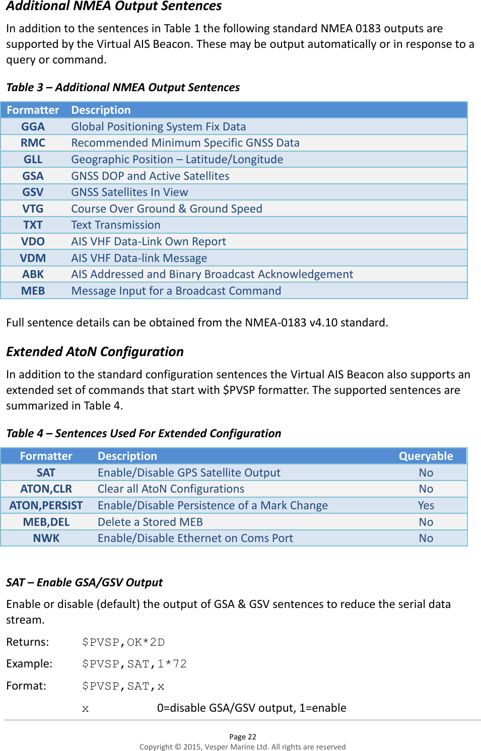  Page 22 Copyright © 2015, Vesper Marine Ltd. All rights are reserved  Additional NMEA Output Sentences In addition to the sentences in Table 1 the following standard NMEA 0183 outputs are supported by the Virtual AIS Beacon. These may be output automatically or in response to a query or command.  Table 3 – Additional NMEA Output Sentences Formatter Description  GGA Global Positioning System Fix Data RMC Recommended Minimum Specific GNSS Data GLL Geographic Position – Latitude/Longitude GSA GNSS DOP and Active Satellites GSV GNSS Satellites In View VTG Course Over Ground &amp; Ground Speed TXT Text Transmission VDO AIS VHF Data-Link Own Report VDM AIS VHF Data-link Message ABK AIS Addressed and Binary Broadcast Acknowledgement MEB Message Input for a Broadcast Command  Full sentence details can be obtained from the NMEA-0183 v4.10 standard. Extended AtoN Configuration In addition to the standard configuration sentences the Virtual AIS Beacon also supports an extended set of commands that start with $PVSP formatter. The supported sentences are summarized in Table 4. Table 4 – Sentences Used For Extended Configuration Formatter Description  Queryable SAT Enable/Disable GPS Satellite Output No ATON,CLR Clear all AtoN Configurations No ATON,PERSIST Enable/Disable Persistence of a Mark Change Yes MEB,DEL Delete a Stored MEB  No NWK Enable/Disable Ethernet on Coms Port No  SAT – Enable GSA/GSV Output Enable or disable (default) the output of GSA &amp; GSV sentences to reduce the serial data stream. Returns:   $PVSP,OK*2D Example:  $PVSP,SAT,1*72 Format:  $PVSP,SAT,x x    0=disable GSA/GSV output, 1=enable 