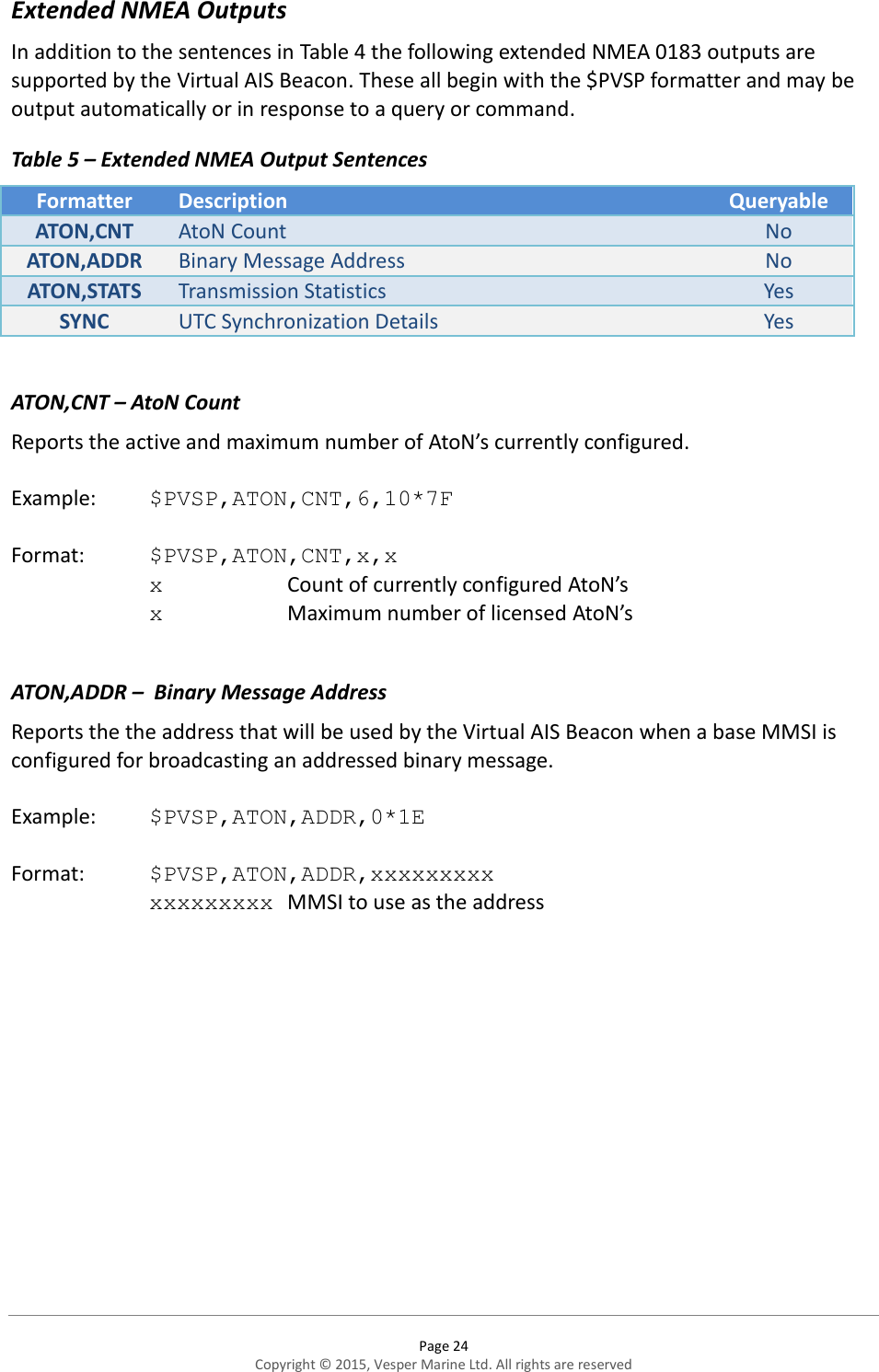  Page 24 Copyright © 2015, Vesper Marine Ltd. All rights are reserved  Extended NMEA Outputs In addition to the sentences in Table 4 the following extended NMEA 0183 outputs are supported by the Virtual AIS Beacon. These all begin with the $PVSP formatter and may be output automatically or in response to a query or command. Table 5 – Extended NMEA Output Sentences Formatter Description  Queryable ATON,CNT AtoN Count No ATON,ADDR Binary Message Address No ATON,STATS Transmission Statistics Yes SYNC UTC Synchronization Details Yes  ATON,CNT – AtoN Count Reports the active and maximum number of AtoN’s currently configured.  Example:  $PVSP,ATON,CNT,6,10*7F  Format:  $PVSP,ATON,CNT,x,x x    Count of currently configured AtoN’s x    Maximum number of licensed AtoN’s  ATON,ADDR –  Binary Message Address Reports the the address that will be used by the Virtual AIS Beacon when a base MMSI is configured for broadcasting an addressed binary message.  Example:  $PVSP,ATON,ADDR,0*1E  Format:  $PVSP,ATON,ADDR,xxxxxxxxx xxxxxxxxx  MMSI to use as the address  