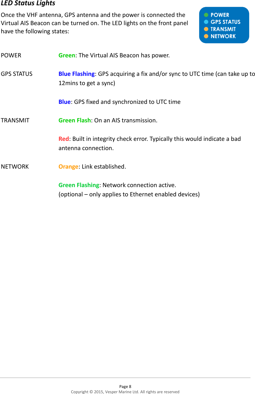  Page 8 Copyright © 2015, Vesper Marine Ltd. All rights are reserved  LED Status Lights Once the VHF antenna, GPS antenna and the power is connected the Virtual AIS Beacon can be turned on. The LED lights on the front panel have the following states:       POWER  Green: The Virtual AIS Beacon has power.    GPS STATUS Blue Flashing: GPS acquiring a fix and/or sync to UTC time (can take up to 12mins to get a sync)   Blue: GPS fixed and synchronized to UTC time   TRANSMIT Green Flash: On an AIS transmission.  Red: Built in integrity check error. Typically this would indicate a bad antenna connection.   NETWORK Orange: Link established.  Green Flashing: Network connection active. (optional – only applies to Ethernet enabled devices)    