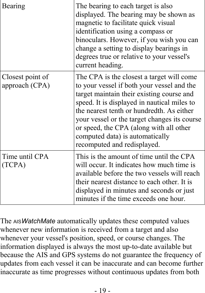 Bearing The bearing to each target is also displayed. The bearing may be shown as magnetic to facilitate quick visual identification using a compass or binoculars. However, if you wish you can change a setting to display bearings in degrees true or relative to your vessel&apos;s current heading.Closest point of approach (CPA)The CPA is the closest a target will come to your vessel if both your vessel and the target maintain their existing course and speed. It is displayed in nautical miles to the nearest tenth or hundredth. As either your vessel or the target changes its course or speed, the CPA (along with all other computed data) is automatically recomputed and redisplayed.Time until CPA (TCPA)This is the amount of time until the CPA will occur. It indicates how much time is available before the two vessels will reach their nearest distance to each other. It is displayed in minutes and seconds or just minutes if the time exceeds one hour.The AISWatchMate automatically updates these computed values whenever new information is received from a target and also whenever your vessel&apos;s position, speed, or course changes. The information displayed is always the most up-to-date available but because the AIS and GPS systems do not guarantee the frequency of updates from each vessel it can be inaccurate and can become further inaccurate as time progresses without continuous updates from both - 19 -