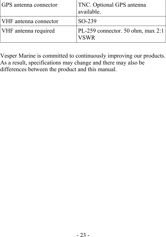 GPS antenna connector TNC. Optional GPS antenna available.VHF antenna connector SO-239VHF antenna required PL-259 connector. 50 ohm, max 2:1 VSWRVesper Marine is committed to continuously improving our products. As a result, specifications may change and there may also be differences between the product and this manual.- 23 -