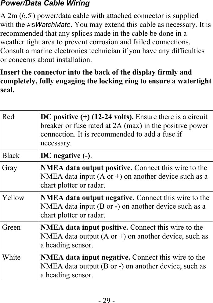 Power/Data Cable WiringA 2m (6.5&apos;) power/data cable with attached connector is supplied with the AISWatchMate. You may extend this cable as necessary. It is recommended that any splices made in the cable be done in a weather tight area to prevent corrosion and failed connections. Consult a marine electronics technician if you have any difficulties or concerns about installation.Insert the connector into the back of the display firmly and completely, fully engaging the locking ring to ensure a watertight seal. Red DC positive (+) (12-24 volts). Ensure there is a circuit breaker or fuse rated at 2A (max) in the positive power connection. It is recommended to add a fuse if necessary.Black DC negative (-). Gray NMEA data output positive. Connect this wire to the NMEA data input (A or +) on another device such as a chart plotter or radar.Yellow NMEA data output negative. Connect this wire to the NMEA data input (B or -) on another device such as a chart plotter or radar.Green NMEA data input positive. Connect this wire to the NMEA data output (A or +) on another device, such as a heading sensor.White NMEA data input negative. Connect this wire to the NMEA data output (B or -) on another device, such as a heading sensor.- 29 -