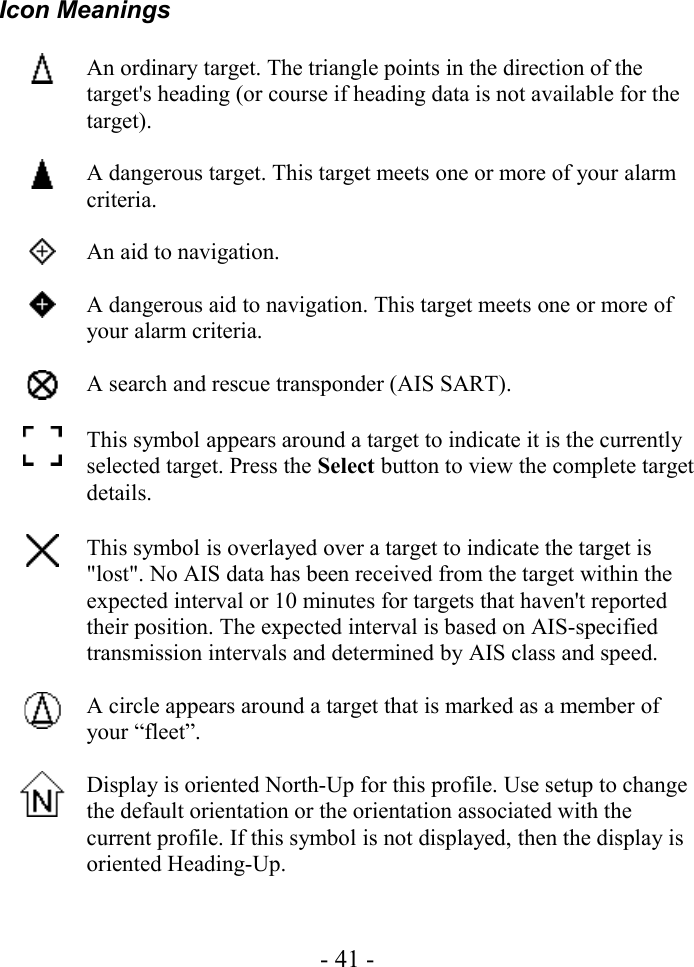 Icon MeaningsAn ordinary target. The triangle points in the direction of the target&apos;s heading (or course if heading data is not available for the target).A dangerous target. This target meets one or more of your alarm criteria. An aid to navigation.A dangerous aid to navigation. This target meets one or more of your alarm criteria.A search and rescue transponder (AIS SART).This symbol appears around a target to indicate it is the currently selected target. Press the Select button to view the complete target details.This symbol is overlayed over a target to indicate the target is &quot;lost&quot;. No AIS data has been received from the target within the expected interval or 10 minutes for targets that haven&apos;t reported their position. The expected interval is based on AIS-specified transmission intervals and determined by AIS class and speed.A circle appears around a target that is marked as a member of your “fleet”.Display is oriented North-Up for this profile. Use setup to change the default orientation or the orientation associated with the current profile. If this symbol is not displayed, then the display is oriented Heading-Up.- 41 -