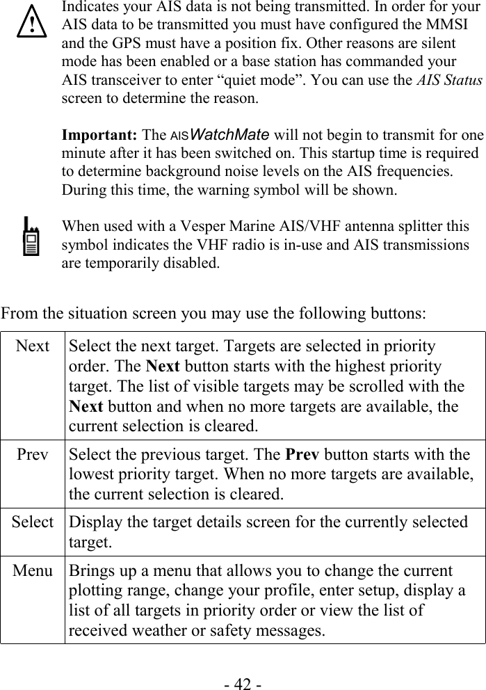 Indicates your AIS data is not being transmitted. In order for your AIS data to be transmitted you must have configured the MMSI and the GPS must have a position fix. Other reasons are silent mode has been enabled or a base station has commanded your AIS transceiver to enter “quiet mode”. You can use the AIS Status screen to determine the reason.Important: The AISWatchMate will not begin to transmit for one minute after it has been switched on. This startup time is required to determine background noise levels on the AIS frequencies. During this time, the warning symbol will be shown.When used with a Vesper Marine AIS/VHF antenna splitter this symbol indicates the VHF radio is in-use and AIS transmissions are temporarily disabled.From the situation screen you may use the following buttons:Next Select the next target. Targets are selected in priority order. The Next button starts with the highest priority target. The list of visible targets may be scrolled with the Next button and when no more targets are available, the current selection is cleared.Prev Select the previous target. The Prev button starts with the lowest priority target. When no more targets are available, the current selection is cleared.Select Display the target details screen for the currently selected target.Menu Brings up a menu that allows you to change the current plotting range, change your profile, enter setup, display a list of all targets in priority order or view the list of received weather or safety messages.- 42 -!