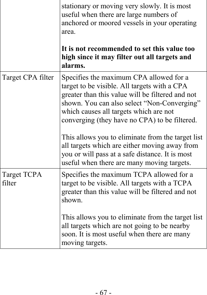 stationary or moving very slowly. It is most useful when there are large numbers of anchored or moored vessels in your operating area.It is not recommended to set this value too high since it may filter out all targets and alarms.Target CPA filter Specifies the maximum CPA allowed for a target to be visible. All targets with a CPA greater than this value will be filtered and not shown. You can also select “Non-Converging” which causes all targets which are not converging (they have no CPA) to be filtered.This allows you to eliminate from the target list all targets which are either moving away from you or will pass at a safe distance. It is most useful when there are many moving targets.Target TCPA filterSpecifies the maximum TCPA allowed for a target to be visible. All targets with a TCPA greater than this value will be filtered and not shown.This allows you to eliminate from the target list all targets which are not going to be nearby soon. It is most useful when there are many moving targets.- 67 -