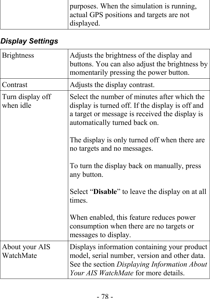 purposes. When the simulation is running, actual GPS positions and targets are not displayed.Display SettingsBrightness Adjusts the brightness of the display and buttons. You can also adjust the brightness by momentarily pressing the power button.Contrast Adjusts the display contrast.Turn display off when idleSelect the number of minutes after which the display is turned off. If the display is off and a target or message is received the display is automatically turned back on. The display is only turned off when there are no targets and no messages.To turn the display back on manually, press any button.Select “Disable” to leave the display on at all times.When enabled, this feature reduces power consumption when there are no targets or messages to display.About your AIS WatchMateDisplays information containing your product model, serial number, version and other data. See the section Displaying Information About Your AIS WatchMate for more details.- 78 -