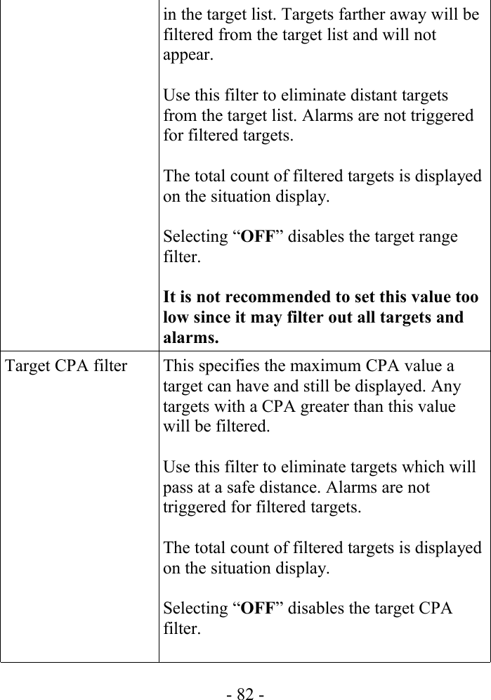 in the target list. Targets farther away will be filtered from the target list and will not appear.Use this filter to eliminate distant targets from the target list. Alarms are not triggered for filtered targets.The total count of filtered targets is displayed on the situation display.Selecting “OFF” disables the target range filter.It is not recommended to set this value too low since it may filter out all targets and alarms.Target CPA filter This specifies the maximum CPA value a target can have and still be displayed. Any targets with a CPA greater than this value will be filtered.Use this filter to eliminate targets which will pass at a safe distance. Alarms are not triggered for filtered targets.The total count of filtered targets is displayed on the situation display.Selecting “OFF” disables the target CPA filter.- 82 -
