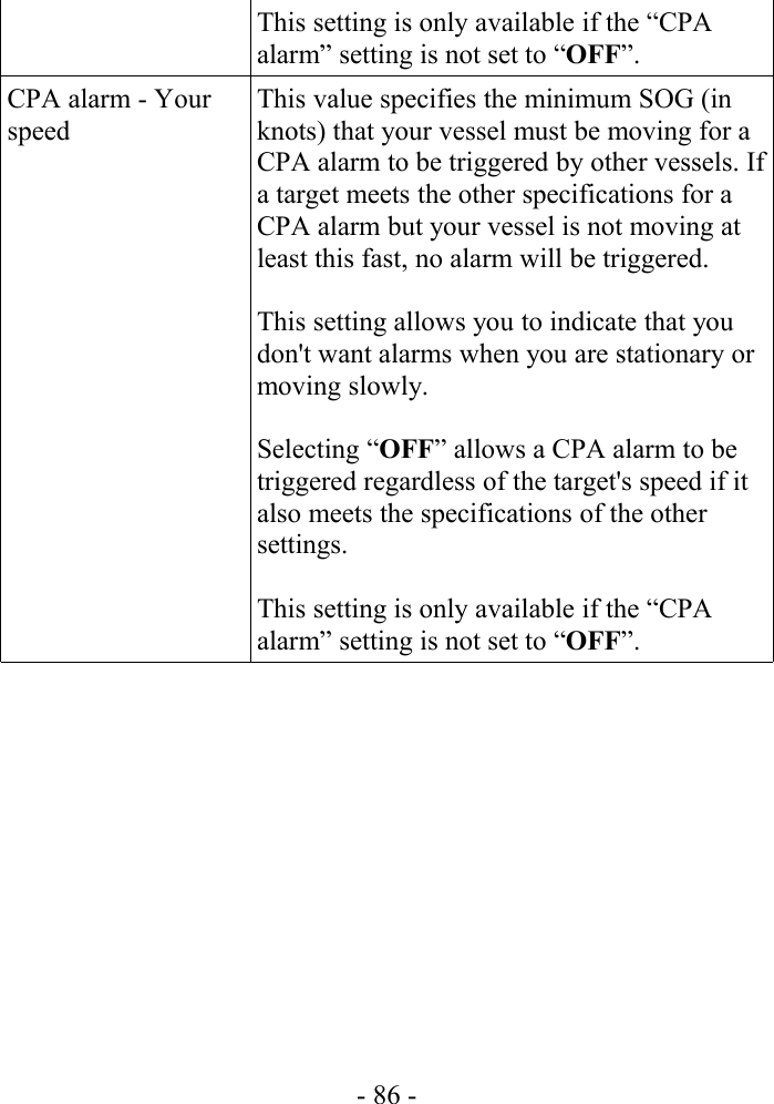 This setting is only available if the “CPA alarm” setting is not set to “OFF”.CPA alarm - Your speedThis value specifies the minimum SOG (in knots) that your vessel must be moving for a CPA alarm to be triggered by other vessels. If a target meets the other specifications for a CPA alarm but your vessel is not moving at least this fast, no alarm will be triggered. This setting allows you to indicate that you don&apos;t want alarms when you are stationary or moving slowly.Selecting “OFF” allows a CPA alarm to be triggered regardless of the target&apos;s speed if it also meets the specifications of the other settings.This setting is only available if the “CPA alarm” setting is not set to “OFF”.- 86 -