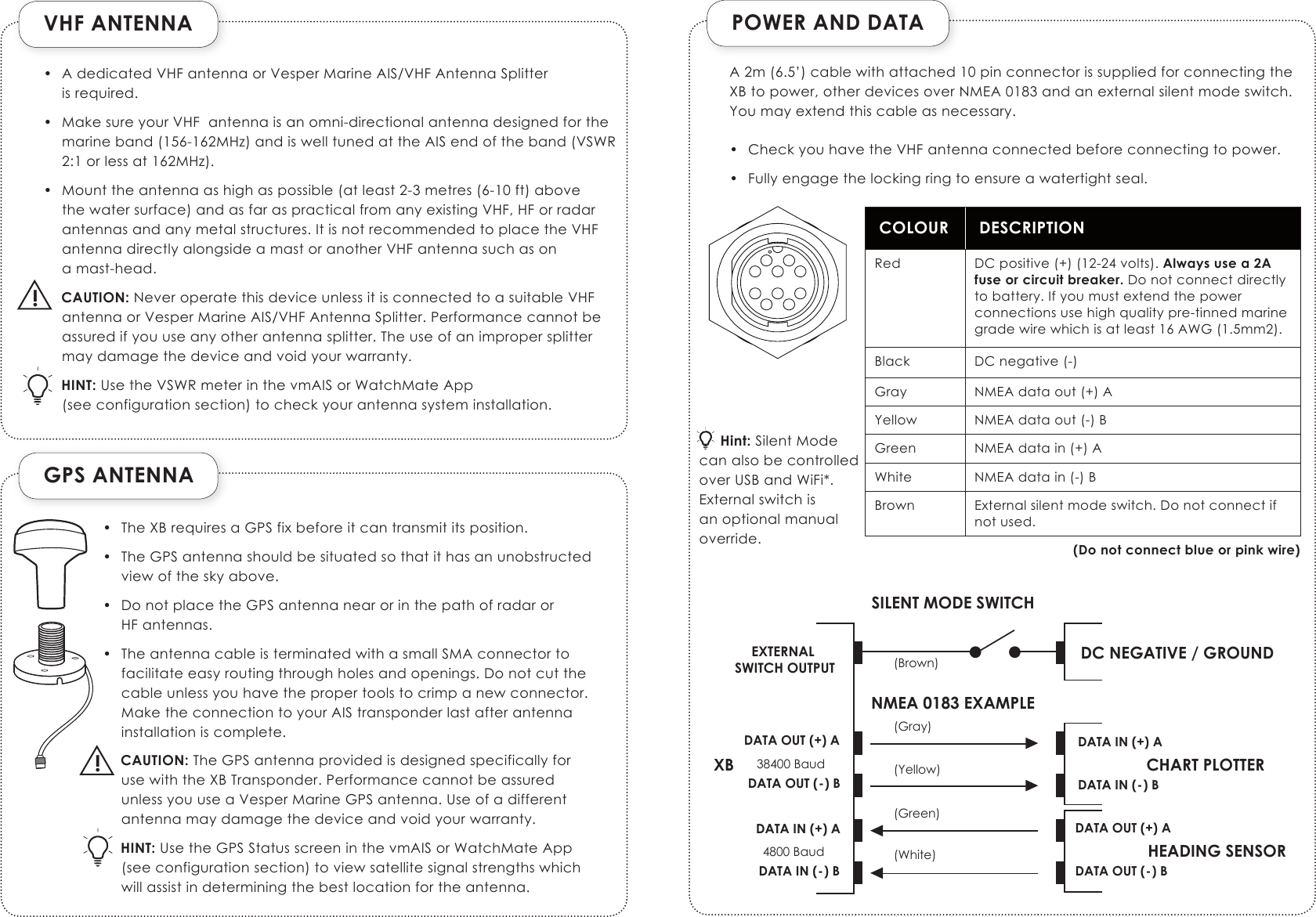 VHF ANTENNAGPS ANTENNA!POWER AND DATACOLOUR DESCRIPTIONRed DC positive (+) (12-24 volts). Always use a 2A fuse or circuit breaker. Do not connect directly to battery. If you must extend the power connections use high quality pre-tinned marine grade wire which is at least 16 AWG (1.5mm2).Black DC negative (-)Gray NMEA data out (+) AYellow NMEA data out (-) BGreen NMEA data in (+) AWhite NMEA data in (-) BBrown External silent mode switch. Do not connect if not used.(Do not connect blue or pink wire)DATA OUT (+) AXB CHART PLOTTERDATA OUT (-) BDATA IN (+) ADATA IN (-) BHEADING SENSORDATA OUT (+) ADATA OUT (-) BDATA IN (+) ADATA IN (-) B(Gray)(Yellow)(Green)(White)38400 Baud4800 BaudDC NEGATIVE / GROUND(Brown)EXTERNAL SWITCH OUTPUTSILENT MODE SWITCHNMEA 0183 EXAMPLE•  A dedicated VHF antenna or Vesper Marine AIS/VHF Antenna Splitter  is required.•  Make sure your VHF  antenna is an omni-directional antenna designed for the marine band (156-162MHz) and is well tuned at the AIS end of the band (VSWR 2:1 or less at 162MHz).•  Mount the antenna as high as possible (at least 2-3 metres (6-10 ft) above the water surface) and as far as practical from any existing VHF, HF or radar antennas and any metal structures. It is not recommended to place the VHF antenna directly alongside a mast or another VHF antenna such as on  a mast-head.CAUTION: Never operate this device unless it is connected to a suitable VHF antenna or Vesper Marine AIS/VHF Antenna Splitter. Performance cannot be assured if you use any other antenna splitter. The use of an improper splitter may damage the device and void your warranty.HINT: Use the VSWR meter in the vmAIS or WatchMate App (see configuration section) to check your antenna system installation.•  The XB requires a GPS fix before it can transmit its position.•  The GPS antenna should be situated so that it has an unobstructed view of the sky above.•  Do not place the GPS antenna near or in the path of radar or  HF antennas.•  The antenna cable is terminated with a small SMA connector to facilitate easy routing through holes and openings. Do not cut the cable unless you have the proper tools to crimp a new connector. Make the connection to your AIS transponder last after antenna installation is complete.CAUTION: The GPS antenna provided is designed specifically for use with the XB Transponder. Performance cannot be assured unless you use a Vesper Marine GPS antenna. Use of a different  antenna may damage the device and void your warranty.HINT: Use the GPS Status screen in the vmAIS or WatchMate App (see configuration section) to view satellite signal strengths which will assist in determining the best location for the antenna.!A 2m (6.5’) cable with attached 10 pin connector is supplied for connecting the XB to power, other devices over NMEA 0183 and an external silent mode switch. You may extend this cable as necessary.•  Check you have the VHF antenna connected before connecting to power.  •  Fully engage the locking ring to ensure a watertight seal.     Hint: Silent Mode can also be controlled over USB and WiFi*. External switch is an optional manual override.
