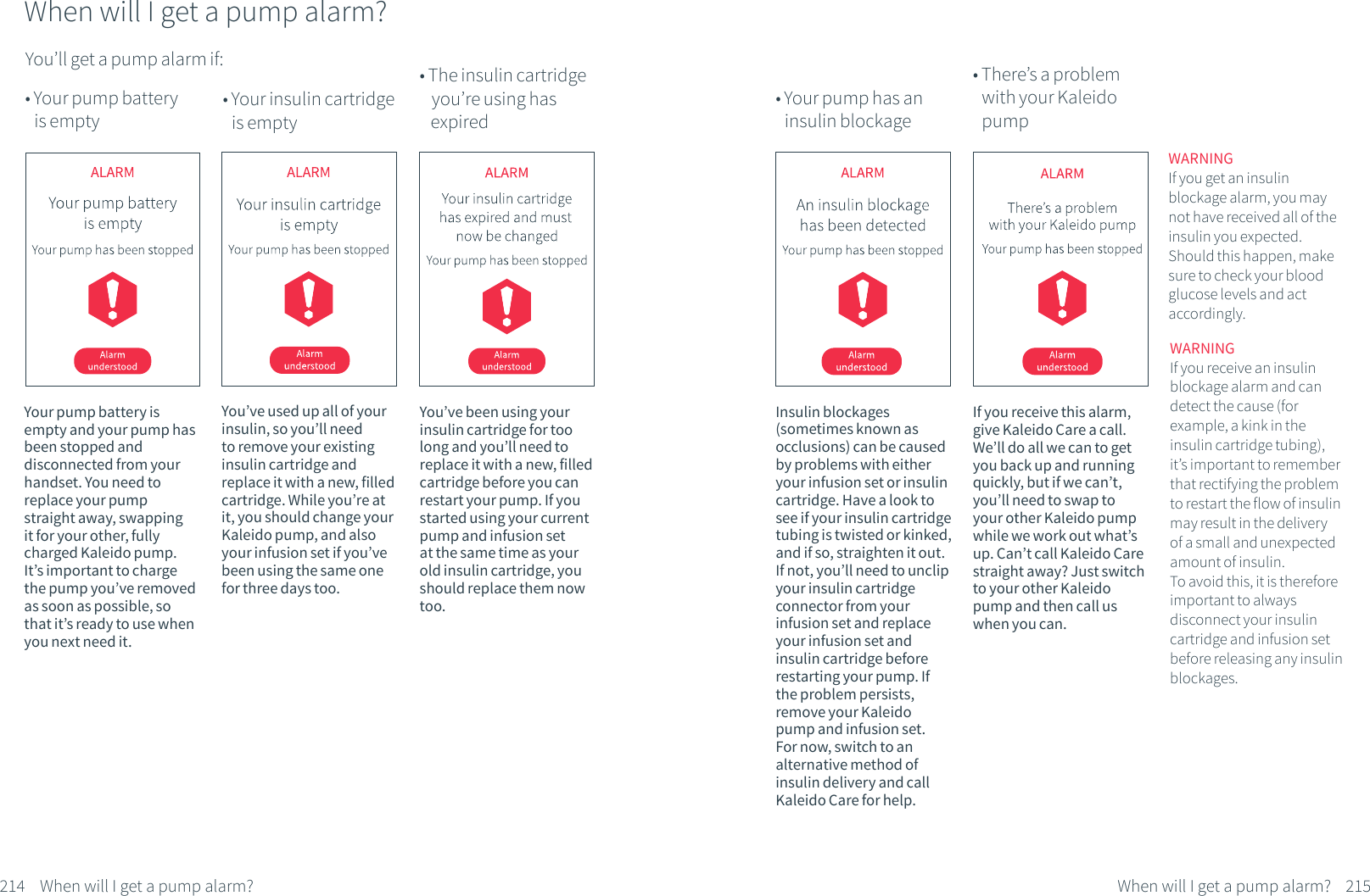 You&rsquo;ll get a pump alarm if:Your pump battery is empty and your pump has been stopped and disconnected from your handset. You need to replace your pump straight away, swapping it for your other, fully charged Kaleido pump. It&rsquo;s important to charge the pump you&rsquo;ve removed as soon as possible, so that it&rsquo;s ready to use when you next need it.You&rsquo;ve used up all of your insulin, so you&rsquo;ll need to remove your existing insulin cartridge and replace it with a new, filled cartridge. While you&rsquo;re at it, you should change your Kaleido pump, and also your infusion set if you&rsquo;ve been using the same one for three days too.You&rsquo;ve been using your insulin cartridge for too long and you&rsquo;ll need to replace it with a new, filled cartridge before you can restart your pump. If you started using your current pump and infusion set at the same time as your old insulin cartridge, you should replace them now too. 214 When will I get a pump alarm?When will I get a pump alarm?&bull; Your pump battery    is empty&bull; Your insulin  cartridge       is empty&bull; The insulin cartridge    you&rsquo;re using has    expiredInsulin blockages (sometimes known as occlusions) can be caused by problems with either your infusion set or insulin cartridge. Have a look to see if your insulin cartridge tubing is twisted or kinked, and if so, straighten it out. If not, you&rsquo;ll need to unclip your insulin cartridge connector from your infusion set and replace your infusion set and insulin cartridge before restarting your pump. If the problem persists, remove your Kaleido pump and infusion set. For now, switch to an alternative method of insulin delivery and call Kaleido Care for help.If you receive this alarm, give Kaleido Care a call. We&rsquo;ll do all we can to get you back up and running quickly, but if we can&rsquo;t, you&rsquo;ll need to swap to your other Kaleido pump while we work out what&rsquo;s up. Can&rsquo;t call Kaleido Care straight away? Just switch to your other Kaleido pump and then call us when you can.WARNINGIf you get an insulin blockage alarm, you may not have received all of the insulin you expected. Should this happen, make sure to check your blood glucose levels and act accordingly.215When will I get a pump alarm?&bull; Your pump has an     insulin blockage&bull; There&rsquo;s a problem      with your Kaleido      pumpWARNINGIf you receive an insulin blockage alarm and can detect the cause (for example, a kink in the insulin cartridge tubing), it&rsquo;s important to remember that rectifying the problem to restart the flow of insulin may result in the delivery of a small and unexpected amount of insulin. To avoid this, it is therefore important to always disconnect your insulin cartridge and infusion set before releasing any insulin blockages.