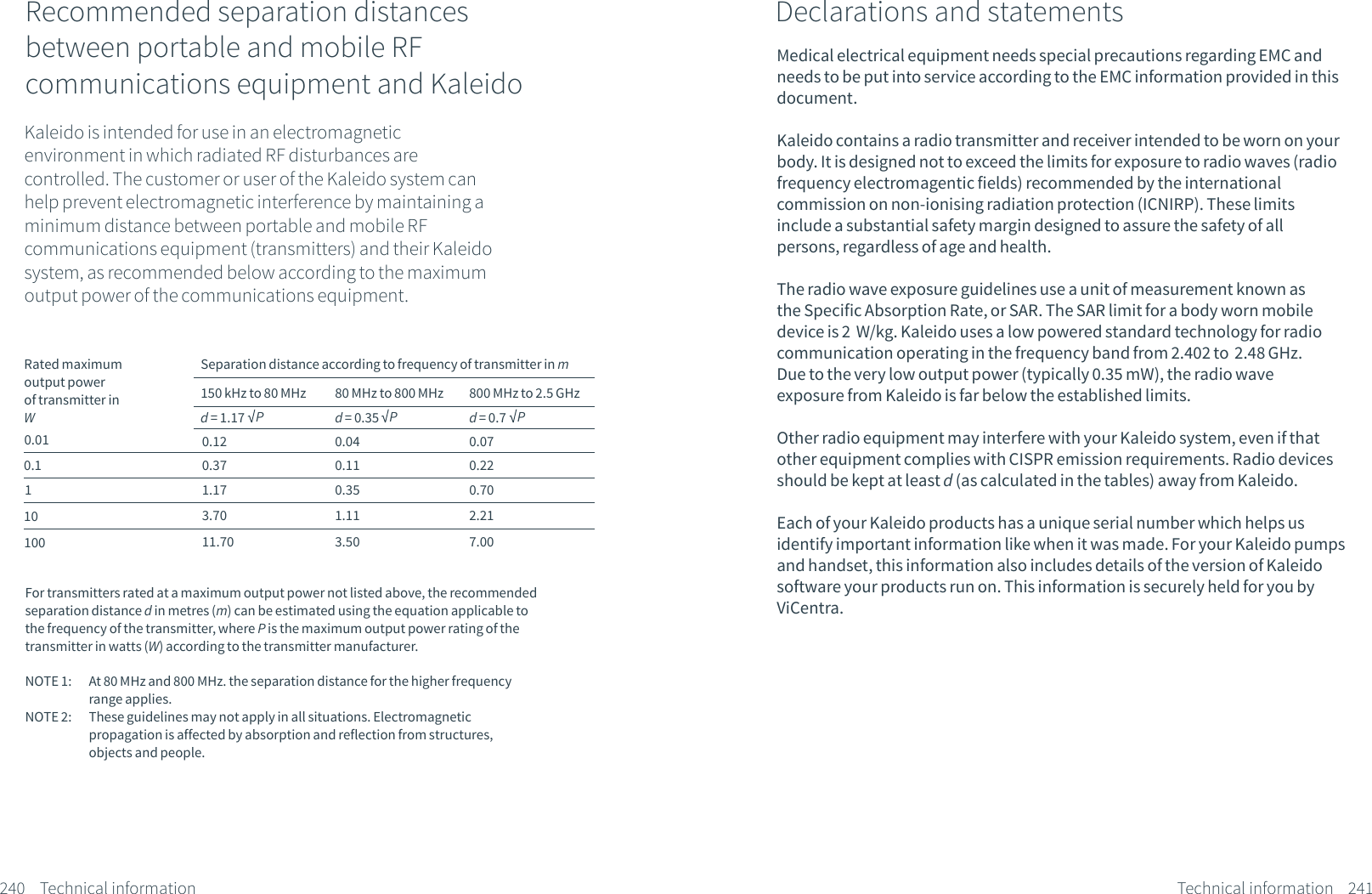 Recommended separation distances between portable and mobile RF communications equipment and KaleidoKaleido is intended for use in an electromagnetic environment in which radiated RF disturbances are controlled. The customer or user of the Kaleido system can help prevent electromagnetic interference by maintaining a minimum distance between portable and mobile RF communications equipment (transmitters) and their Kaleido system, as recommended below according to the maximum output power of the communications equipment.For transmitters rated at a maximum output power not listed above, the recommendedseparation distance d in metres (m) can be estimated using the equation applicable to the frequency of the transmitter, where P is the maximum output power rating of the transmitter in watts (W) according to the transmitter manufacturer.NOTE 1:  At 80 MHz and 800 MHz. the separation distance for the higher frequency      range applies.NOTE 2:  These guidelines may not apply in all situations. Electromagnetic   propagation is affected by absorption and reflection from structures,   objects and people.Rated maximum output power of transmitter inWSeparation distance according to frequency of transmitter in m150 kHz to 80 MHz 80 MHz to 800 MHz 800 MHz to 2.5 GHz0.010.11101002400.12 0.04 0.070.37 0.11 0.221.17 0.35 0.703.70 1.11 2.2111.70 3.50 7.00d = 1.17 Pd = 0.35 Pd = 0.7 PTechnical informationDeclarations and statements241Medical electrical equipment needs special precautions regarding EMC and needs to be put into service according to the EMC information provided in this document. Kaleido contains a radio transmitter and receiver intended to be worn on your body. It is designed not to exceed the limits for exposure to radio waves (radio frequency electromagentic fields) recommended by the international commission on non-ionising radiation protection (ICNIRP). These limits include a substantial safety margin designed to assure the safety of all persons, regardless of age and health. The radio wave exposure guidelines use a unit of measurement known as the Specific Absorption Rate, or SAR. The SAR limit for a body worn mobile device is 2  W/kg. Kaleido uses a low powered standard technology for radio communication operating in the frequency band from 2.402 to  2.48 GHz. Due to the very low output power (typically 0.35 mW), the radio wave exposure from Kaleido is far below the established limits.Other radio equipment may interfere with your Kaleido system, even if that other equipment complies with CISPR emission requirements. Radio devices should be kept at least d (as calculated in the tables) away from Kaleido. Each of your Kaleido products has a unique serial number which helps us identify important information like when it was made. For your Kaleido pumps and handset, this information also includes details of the version of Kaleido software your products run on. This information is securely held for you by ViCentra.Technical information