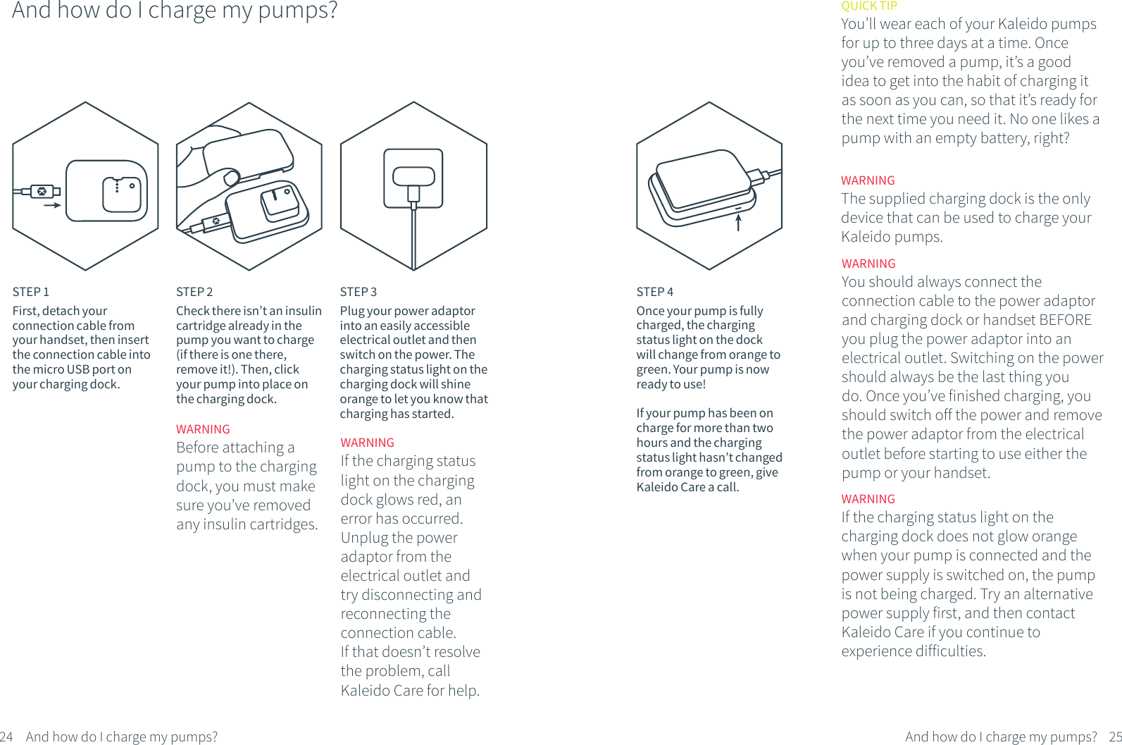 And how do I charge my pumps?WARNINGThe supplied charging dock is the only device that can be used to charge your Kaleido pumps.STEP 1First, detach your connection cable from your handset, then insert the connection cable into the micro USB port on your charging dock.STEP 2Check there isn&rsquo;t an insulin cartridge already in the pump you want to charge (if there is one there, remove it!). Then, click your pump into place on the charging dock.STEP 3Plug your power adaptor into an easily accessible electrical outlet and then switch on the power. The charging status light on the charging dock will shine orange to let you know that charging has started.WARNINGIf the charging status light on the charging dock does not glow orange when your pump is connected and the power supply is switched on, the pump is not being charged. Try an alternative power supply first, and then contact Kaleido Care if you continue to experience difficulties.WARNINGYou should always connect the connection cable to the power adaptor and charging dock or handset BEFORE you plug the power adaptor into an electrical outlet. Switching on the power should always be the last thing you do. Once you&rsquo;ve finished charging, you should switch off the power and remove the power adaptor from the electrical outlet before starting to use either the pump or your handset.STEP 4Once your pump is fully charged, the charging status light on the dock will change from orange to green. Your pump is now ready to use!If your pump has been on charge for more than two hours and the charging status light hasn&rsquo;t changed  from orange to green, give Kaleido Care a call.QUICK TIPYou&rsquo;ll wear each of your Kaleido pumps for up to three days at a time. Once you&rsquo;ve removed a pump, it&rsquo;s a good idea to get into the habit of charging it as soon as you can, so that it&rsquo;s ready for the next time you need it. No one likes a pump with an empty battery, right?24 25And how do I charge my pumps?And how do I charge my pumps?WARNINGBefore attaching a pump to the charging dock, you must make sure you&rsquo;ve removed any insulin cartridges.WARNINGIf the charging status light on the charging dock glows red, an error has occurred. Unplug the power adaptor from the electrical outlet and try disconnecting and reconnecting the connection cable. If that doesn&rsquo;t resolve the problem, call Kaleido Care for help.