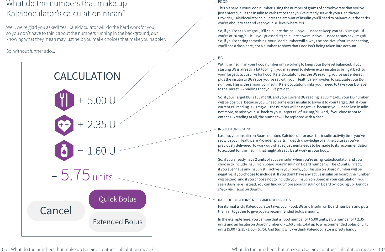 What do the numbers that make up Kaleidoculator&rsquo;s calculation mean?Well, we&rsquo;re glad you asked! Yes, Kaleidoculator will do the hard work for you, so you don&rsquo;t have to think about the numbers running in the background, but knowing what they mean may just help you make choices that make you happier.So, without further ado...FOODThis bit here is your Food number. Using the number of grams of carbohydrate that you&rsquo;ve just entered, plus the insulin to carb ratios that you&rsquo;ve already set with your HealthcareProvider, Kaleidoculator calculates the amount of insulin you&rsquo;ll need to balance out the carbs you&rsquo;re about to eat and keep your BG level where it is. So, if you&rsquo;re at 180 mg/dL, it&rsquo;ll calculate the insulin you&rsquo;ll need to keep you at 180 mg/dL. If you&rsquo;re at 70 mg/dL, it&rsquo;ll (you guessed it!) calculate how much you&rsquo;ll need to stay at 70 mg/dL. So, if you&rsquo;re eating something, your Food number will always be positive. If you&rsquo;re not eating, you&rsquo;ll see a dash here, not a number, to show that Food isn&rsquo;t being taken into account.BGWith the insulin in your Food number only working to keep your BG level balanced, if your starting BG is already a bit too high, you may need to deliver extra insulin to bring it back to your Target BG. Just like for Food, Kaleidoculator uses the BG reading you&rsquo;ve just entered, plus the insulin to BG ratios you&rsquo;ve set with your Healthcare Provider, to calculate your BG number. This is the amount of insulin Kaleidoculator thinks you&rsquo;ll need to take your BG level to the Target BG reading that you&rsquo;ve pre-set. So, if your Target BG is 108 mg/dL and your current BG reading is 180 mg/dL, your BG number will be positive, because you&rsquo;ll need some extra insulin to lower it to your target. But, if your current BG reading is 70 mg/dL, the number will be negative, because you&rsquo;ll need less insulin, not more, to raise your BG back to your Target BG of 108 mg/dL. And, if you choose not to enter a BG reading at all, the number will be replaced with a dash.INSULIN ON BOARDLast up, your Insulin on Board number. Kaleidoculator uses the insulin activity time you&rsquo;ve set with your Healthcare Provider, plus its in depth knowledge of all the boluses you&rsquo;ve previously delivered, to work out what adjustment needs to be made to its recommendation to account for the insulin that might already be at work in your body.So, if you already have 2 units of active insulin when you&rsquo;re using Kaleidoculator and you choose to include Insulin on Board, your Insulin on Board number will be -2 units. In fact, if you ever have any insulin still active in your body, your Insulin on Board number will be negative, if you choose to include it. If you don&rsquo;t have any active insulin on board, the number will be zero, and if you choose not to include your Insulin on Board in your calculation, you&rsquo;ll see a dash here instead. You can find out more about Insulin on Board by looking up How do I check my Insulin on Board?.KALEIDOCULATOR&rsquo;S RECOMMENDED BOLUSFor its final trick, Kaleidoculator takes your Food, BG and Insulin on Board numbers and puts them all together to give you its recommended bolus amount. In the example here, you can see that a Food number of + 5.00 units, a BG number of + 2.35 units and an Insulin on Board number of - 1.60 units total up to a recommended bolus of 5.75 units (5.00 + 2.35 - 1.60 = 5.75). And that&rsquo;s why we think Kaleidoculator is pretty handy!106 107What do the numbers that make up Kaleidoculator&rsquo;s calculation mean? What do the numbers that make up Kaleidoculator&rsquo;s calculation mean?