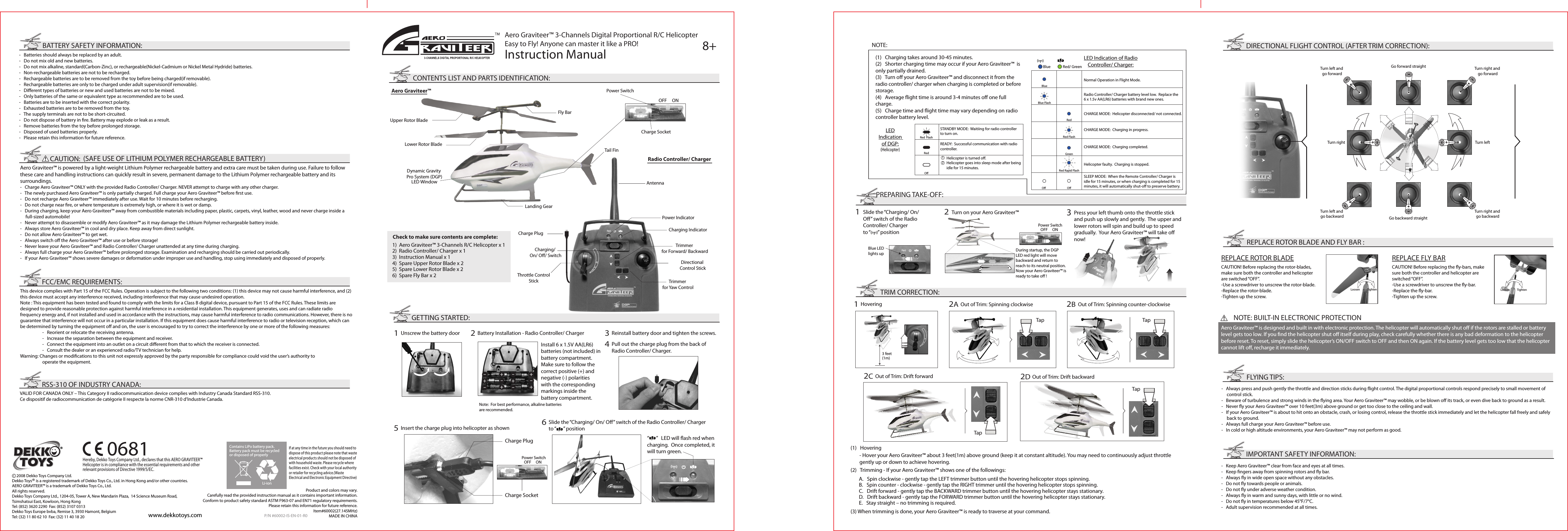 PREPARING TAKE-OFF:TRIM CORRECTION:1Hovering2AOut of Trim: Spinning clockwise2BOut of Trim: Spinning counter-clockwise3 feet(1m)2COut of Trim: Drift forward2DOut of Trim: Drift backwardTurn right and go forwardAero Graviteer™ 3-Channels Digital Proportional R/C HelicopterEasy to Fly! Anyone can master it like a PRO!Instruction Manual 8+GETTING STARTED:2Battery Installation - Radio Controller/ Charger1Unscrew the battery door5Insert the charge plug into helicopter as shown6Slide the “Charging/ On/ O” switch of the Radio Controller/ Charger to “      ” positionSlide the “Charging/ On/ O” switch of the Radio Controller/ Charger to “      ” position4Pull out the charge plug from the back of Radio Controller/ Charger.3Reinstall battery door and tighten the screws.NOTE: FLYING TIPS:-   Always press and push gently the throttle and direction sticks during ight control. The digital proportional controls respond precisely to small movement of control stick.-   Beware of turbulence and strong winds in the ying area. Your Aero Graviteer™ may wobble, or be blown o its track, or even dive back to ground as a result. -   Never y your Aero Graviteer™ over 10 feet(3m) above ground or get too close to the ceiling and wall. -   If your Aero Graviteer™ is about to hit onto an obstacle, crash, or losing control, release the throttle stick immediately and let the helicopter fall freely and safely back to ground. -   Always full charge your Aero Graviteer™ before use.-   In cold or high altitude environments, your Aero Graviteer™ may not perform as good.IMPORTANT SAFETY INFORMATION:-   Keep Aero Graviteer™ clear from face and eyes at all times.-   Keep ngers away from spinning rotors and y bar.-   Always y in wide open space without any obstacles.-   Do not y towards people or animals. -   Do not y under adverse weather condition. -   Always y in warm and sunny days, with little or no wind.-   Do not y in temperatures below 45°F/7°C.-   Adult supervision recommended at all times.NOTE: BUILT-IN ELECTRONIC PROTECTIONAero Graviteer™ is designed and built in with electronic protection. The helicopter will automatically shut o if the rotors are stalled or battery level gets too low. If you nd the helicopter shut o itself during play, check carefully whether there is any bad deformation to the helicopter before reset. To reset, simply slide the helicopter’s ON/OFF switch to OFF and then ON again. If the battery level gets too low that the helicopter cannot lift o, recharge it immediately. Product and colors may vary.Carefully read the provided instruction manual as it contains important information.Conform to product safety standard ASTM F963-07 and EN71 regulatory requirements.Please retain this information for future reference. Item#60002(27.145MHz)MADE IN CHINAwww.dekkotoys.comContains LiPo battery pack.Battery pack must be recycled or disposed of properlyLi-ionP/N #60002-IS-EN-01-R0(2)   Trimming - If your Aero Graviteer™ shows one of the followings: A.   Spin clockwise - gently tap the LEFT trimmer button until the hovering helicopter stops spinning.B.  Spin counter - clockwise - gently tap the RIGHT trimmer until the hovering helicopter stops spinning.C.   Drift forward - gently tap the BACKWARD trimmer button until the hovering helicopter stays stationary.D.   Drift backward - gently tap the FORWARD trimmer button until the hovering helicopter stays stationary.E.   Stay straight – no trimming is required.(3) When trimming is done, your Aero Graviteer™ is ready to traverse at your command.-   Batteries should always be replaced by an adult.-   Do not mix old and new batteries.-   Do not mix alkaline, standard(Carbon-Zinc), or rechargeable(Nickel-Cadmium or Nickel Metal Hydride) batteries.-   Non-rechargeable batteries are not to be recharged.-   Rechargeable batteries are to be removed from the toy before being charged(if removable).-   Rechargeable batteries are only to be charged under adult supervision(if removable).-   Dierent types of batteries or new and used batteries are not to be mixed.-   Only batteries of the same or equivalent type as recommended are to be used.-   Batteries are to be inserted with the correct polarity.-   Exhausted batteries are to be removed from the toy.-   The supply terminals are not to be short-circuited.-   Do not dispose of battery in re. Battery may explode or leak as a result.-   Remove batteries from the toy before prolonged storage.-   Disposed of used batteries properly.-   Please retain this information for future reference.BATTERY SAFETY INFORMATION:CAUTION:  (SAFE USE OF LITHIUM POLYMER RECHARGEABLE BATTERY)-   Charge Aero Graviteer™ ONLY with the provided Radio Controller/ Charger. NEVER attempt to charge with any other charger.-   The newly purchased Aero Graviteer™ is only partially charged. Full charge your Aero Graviteer™ before rst use.-   Do not recharge Aero Graviteer™ immediately after use. Wait for 10 minutes before recharging.-   Do not charge near re, or where temperature is extremely high, or where it is wet or damp.-   During charging, keep your Aero Graviteer™ away from combustible materials including paper, plastic, carpets, vinyl, leather, wood and never charge inside a full-sized automobile!-   Never attempt to disassemble or modify Aero Graviteer™ as it may damage the Lithium Polymer rechargeable battery inside.-   Always store Aero Graviteer™ in cool and dry place. Keep away from direct sunlight.-   Do not allow Aero Graviteer™ to get wet.-   Always switch o the Aero Graviteer™ after use or before storage!-   Never leave your Aero Graviteer™ and Radio Controller/ Charger unattended at any time during charging.-   Always full charge your Aero Graviteer™ before prolonged storage. Examination and recharging should be carried out periodically.-   If your Aero Graviteer™ shows severe damages or deformation under improper use and handling, stop using immediately and disposed of properly.Aero Graviteer™ is powered by a light-weight Lithium Polymer rechargeable battery and extra care must be taken during use. Failure to follow these care and handling instructions can quickly result in severe, permanent damage to the Lithium Polymer rechargeable battery and its surroundings. FCC/EMC REQUIREMENTS:This device complies with Part 15 of the FCC Rules. Operation is subject to the following two conditions: (1) this device may not cause harmful interference, and (2) this device must accept any interference received, including interference that may cause undesired operation.Note : This equipment has been tested and found to comply with the limits for a Class B digital device, pursuant to Part 15 of the FCC Rules. These limits are designed to provide reasonable protection against harmful interference in a residential installation. This equipment generates, uses and can radiate radio frequency energy and, if not installed and used in accordance with the instructions, may cause harmful interference to radio communications. However, there is no guarantee that interference will not occur in a particular installation. If this equipment does cause harmful interference to radio or television reception, which can be determined by turning the equipment o and on, the user is encouraged to try to correct the interference by one or more of the following measures:  -   Reorient or relocate the receiving antenna.  -   Increase the separation between the equipment and receiver.  -   Connect the equipment into an outlet on a circuit dierent from that to which the receiver is connected.  -   Consult the dealer or an experienced radio/TV technician for help.Warning: Changes or modications to this unit not expressly approved by the party responsible for compliance could void the user’s authority to   operate the equipment.VALID FOR CANADA ONLY – This Category II radiocommunication device complies with Industry Canada Standard RSS-310.  Ce dispositif de radiocommunication de catégorie II respecte la norme CNR-310 d’Industrie Canada.RSS-310 OF INDUSTRY CANADA:(1)   Charging takes around 30-45 minutes.(2)   Shorter charging time may occur if your Aero Graviteer™  is only partially drained.(3)   Turn o your Aero Graviteer™ and disconnect it from the radio controller/ charger when charging is completed or before storage.(4)   Average ight time is around 3-4 minutes o one full charge.(5)   Charge time and ight time may vary depending on radio controller battery level.CONTENTS LIST AND PARTS IDENTIFICATION:CAUTION! Before replacing the rotor-blades, make sure both the controller and helicopter are switched “OFF”.-Use a screwdriver to unscrew the rotor-blade. -Replace the rotor-blade. -Tighten up the screw.  CAUTION! Before replacing the y-bars, make sure both the controller and helicopter are switched “OFF”.-Use a screwdriver to unscrew the y-bar. -Replace the y-bar. -Tighten up the screw.  --+--+++-++-Note:  For best performance, alkaline batteries are recommended.  Turn on your Aero Graviteer™2LED Indication of Radio Controller/ Charger:LED Indication of DGP:1     2008 Dekko Toys Company Ltd. Dekko Toys® is a registered trademark of Dekko Toys Co., Ltd. in Hong Kong and/or other countries.AERO GRAVITEER™ is a trademark of Dekko Toys Co., Ltd.All rights reserved.Dekko Toys Company Ltd., 1204-05, Tower A, New Mandarin Plaza,  14 Science Museum Road, Tsimshatsui East, Kowloon, Hong KongTel: (852) 3620 2290  Fax: (852) 3107 0313Dekko Toys Europe bvba, Remise 3, 3930 Hamont, BelgiumTel: (32) 11 80 62 10  Fax: (32) 11 40 18 20Upper Rotor BladeLower Rotor BladeTail FinLanding GearCharge PlugCharge SocketFly BarPower SwitchOFF     ON  Charge SocketPower SwitchOFF     ON  LED WindowDynamic Gravity Pro System (DGP)Blue LEDlights upInstall 6 x 1.5V AA(LR6) batteries (not included) in battery compartment.  Make sure to follow the correct positive (+) and negative (-) polarities with the corresponding markings inside the battery compartment.“      ”   LED will ash red when charging.  Once completed, it will turn green.Power SwitchOFF     ON  If at any time in the future you should need to dispose of this product please note that waste electrical products should not be disposed of with household waste. Please recycle where facilities exist. Check with your local authority or retailer for recycling advice.(Waste Electrical and Electronic Equipment Directive) Hereby, Dekko Toys Company Ltd., declares that this AERO GRAVITEER™ Helicopter is in compliance with the essential requirements and other relevant provisions of Directive 1999/5/EC.During startup, the DGP LED red light will move backward and return to reach to its neutral position.  Now your Aero Graviteer™ is ready to take o !3Press your left thumb onto the throttle stick and push up slowly and gently.  The upper and lower rotors will spin and build up to speed gradually.  Your Aero Graviteer™ will take o now! (1)   Hovering- Hover your Aero Graviteer™ about 3 feet(1m) above ground (keep it at constant altitude). You may need to continuously adjust throttle gently up or down to achieve hovering. Go forward straightGo backward straightLoosen Tighten Loosen TightenNormal Operation in Flight Mode.BlueRedBlueBlue FlashRed FlashRedRed Rapid FlashGreenRed  FlashOO ORed/ GreenRadio Controller/ Charger battery level low.  Replace the 6 x 1.5v AA(LR6) batteries with brand new ones.CHARGE MODE:  Helicopter disconnected/ not connected.CHARGE MODE:  Charging in progress.SLEEP MODE:  When the Remote Controller/ Charger is idle for 15 minutes, or when charging is completed for 15 minutes, it will automatically shut-o to preserve battery.CHARGE MODE:  Charging completed.Helicopter faulty.  Charging is stopped.2)  Radio Controller/ Charger x 13)  Instruction Manual x 14)  Spare Upper Rotor Blade x 25)  Spare Lower Rotor Blade x 26)  Spare Fly Bar x 21) Aero Graviteer™ 3-Channels R/C Helicopter x 1Check to make sure contents are complete:STANDBY MODE:  Waitiing for radio controller to turn on.READY:  Successful communication with radio controller.Helicopter is turned o.Helicopter goes into sleep mode after being idle for 15 minutes.12TapTurn left and go backwardTurn right and go backwardDIRECTIONAL FLIGHT CONTROL (AFTER TRIM CORRECTION):REPLACE ROTOR BLADE AND FLY BAR :REPLACE ROTOR BLADE REPLACE FLY BARTurn right Turn leftTurn left and go forwardAero Graviteer™ Radio Controller/ ChargerTapTapTap(Helicopter)AntennaPower IndicatorCharge PlugCharging/ On/ O/ SwitchThrottle ControlStick Trimmer for Yaw ControlTrimmer for Forward/ BackwardDirectional Control StickCharging Indicator
